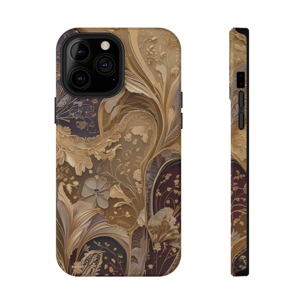 Botanical phone case with beige floral swirl artwork and dark tones; side view with cutouts.