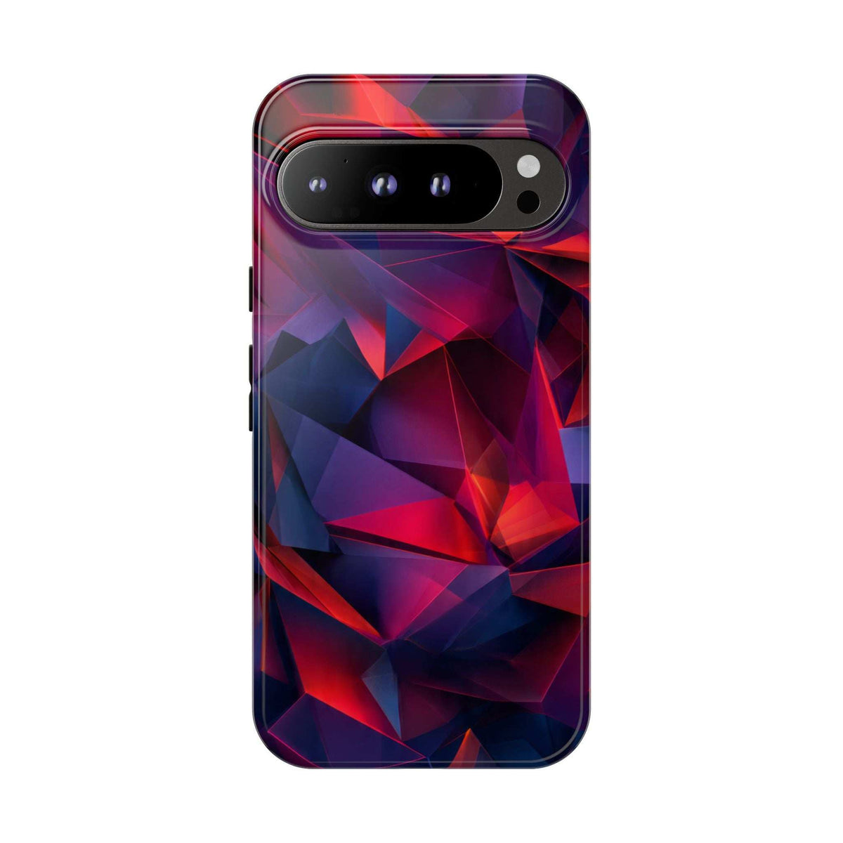 Glossy phone case with red-blue-purple crystal facet pattern and triple camera window