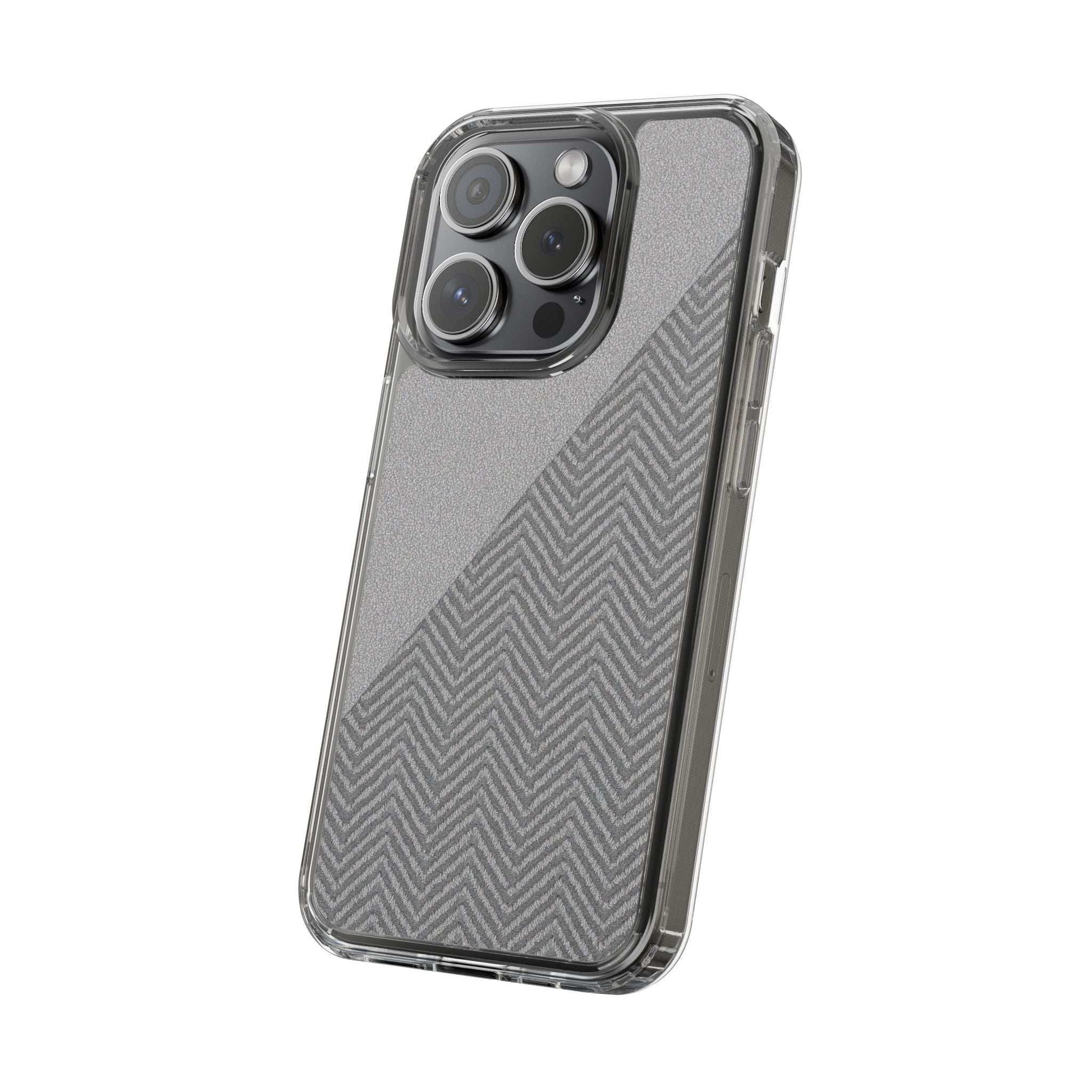 Dark herringbone tough phone case with textured chevron back and clear frame