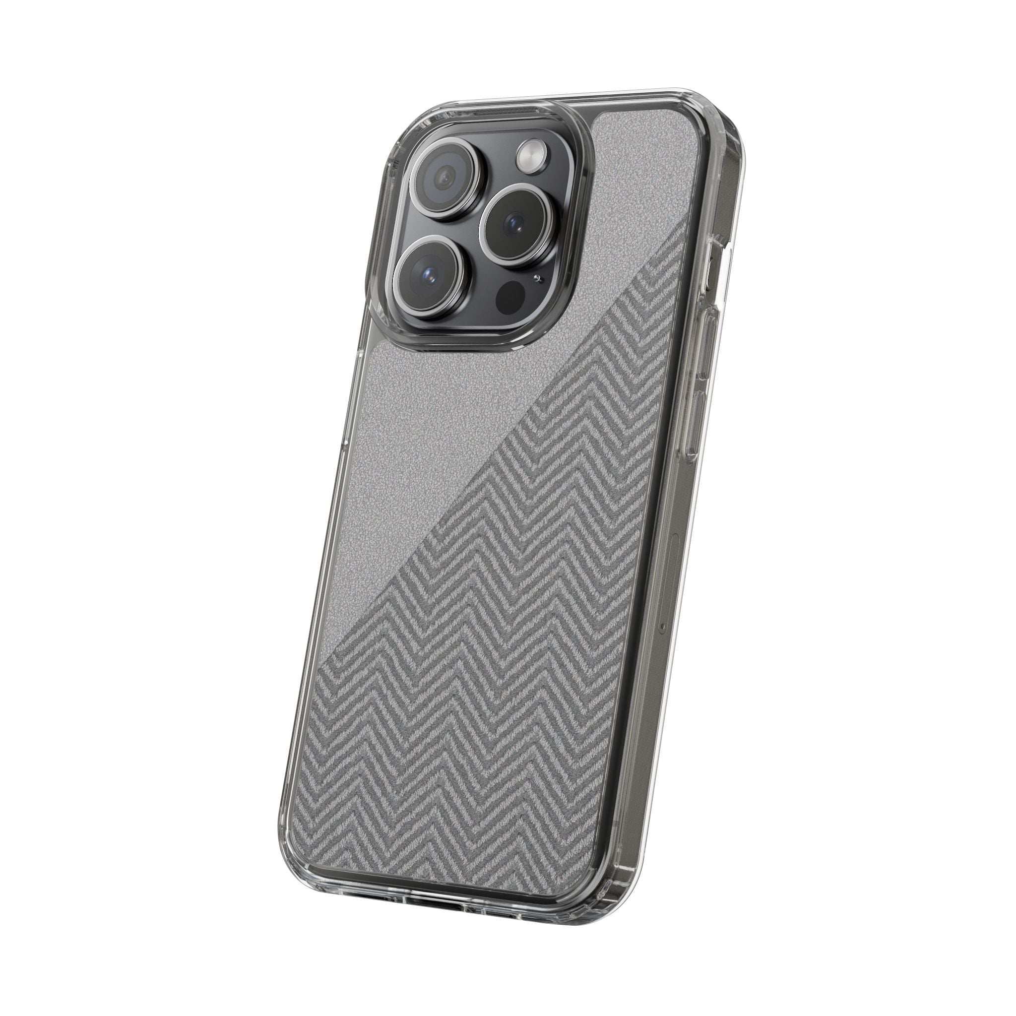 Dark herringbone tough phone case with textured chevron back and clear frame