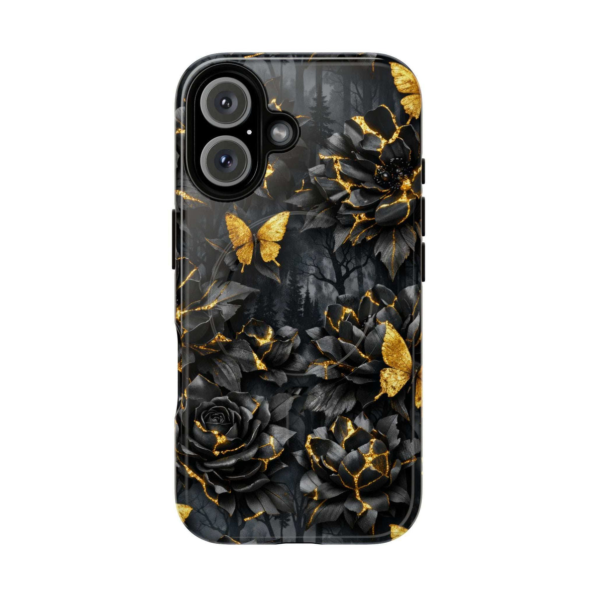 iPhone phone case showing black roses and butterflies with gold kintsugi-style lines