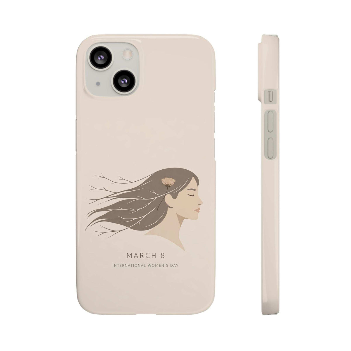 Beige phone case with woman profile illustration and camera openings, side buttons visible