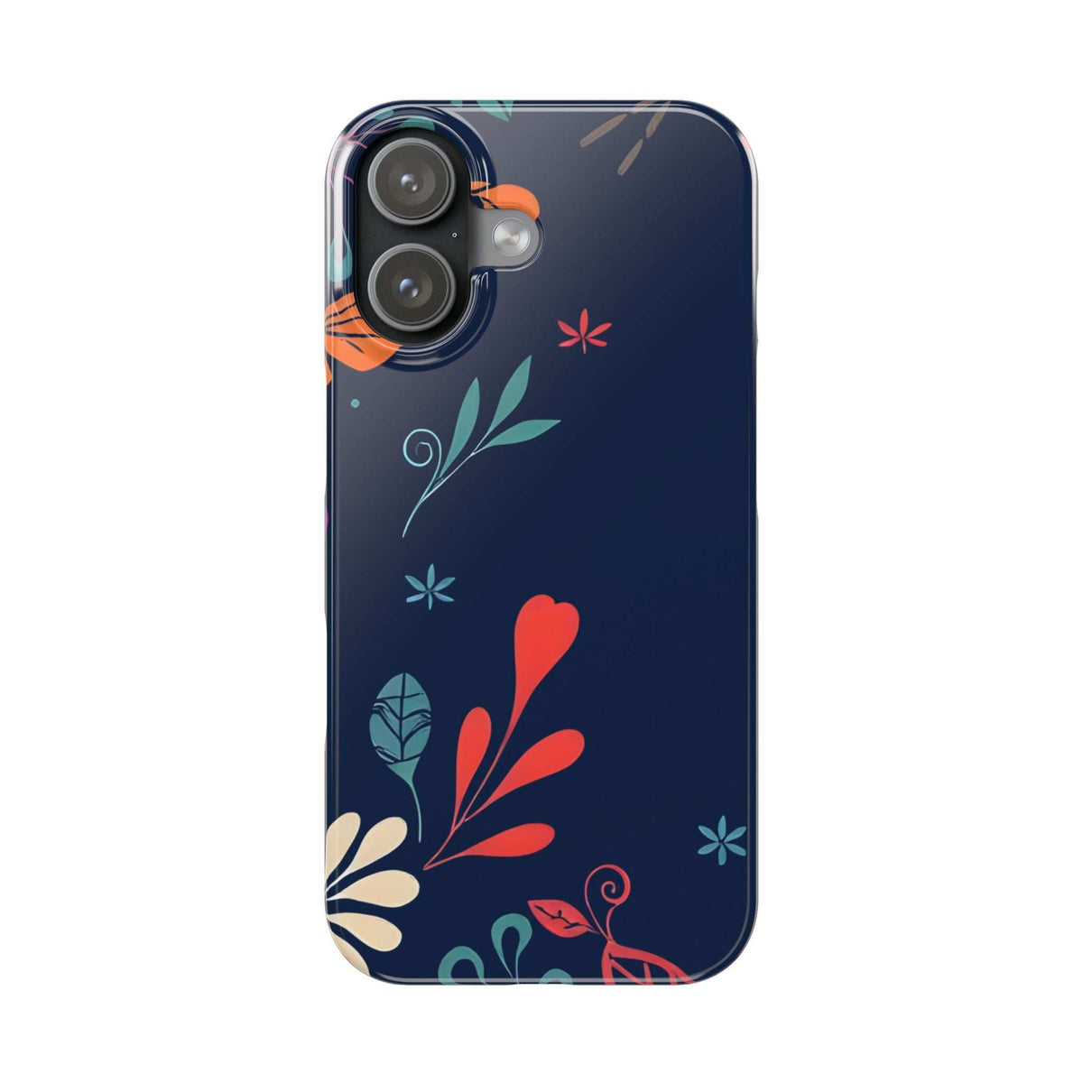 Dark navy floral phone case with red heart and bird motif, raised camera area