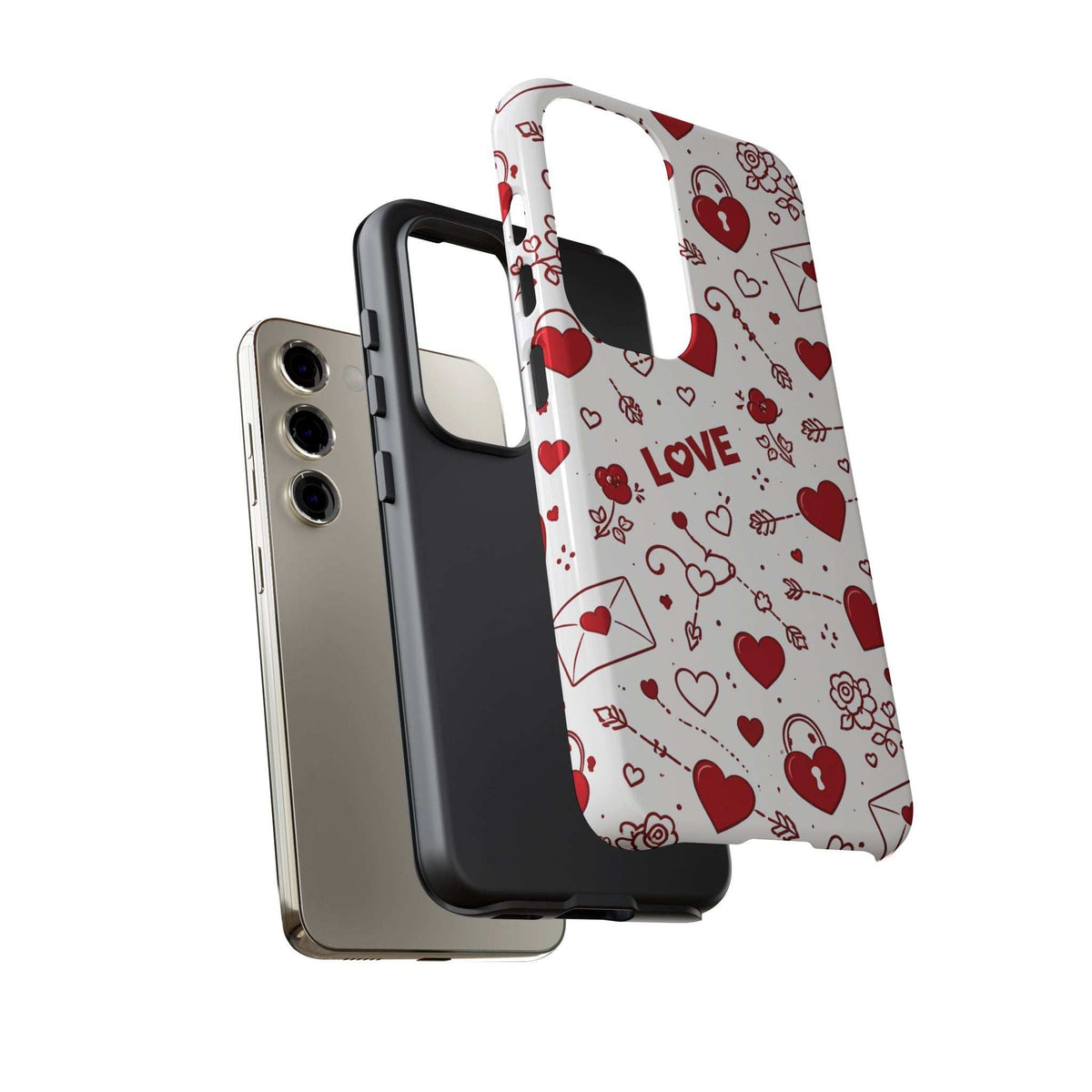 Glossy white phone case with red hearts; side view showing button cutouts
