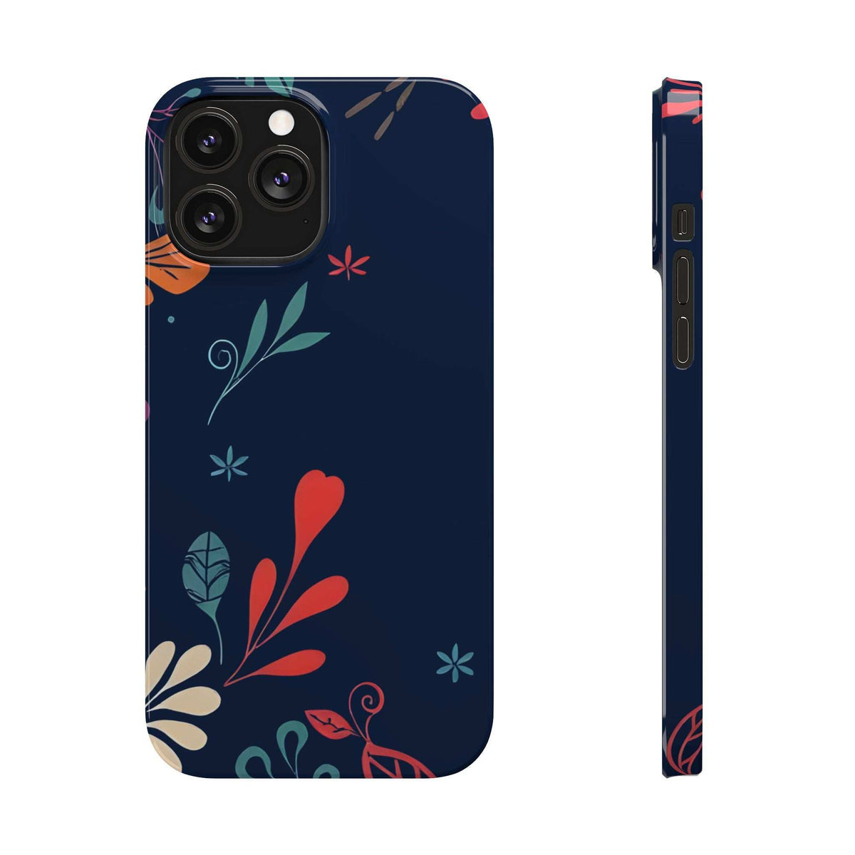 Navy floral phone case with red heart and leaf pattern, camera cutout and side ports