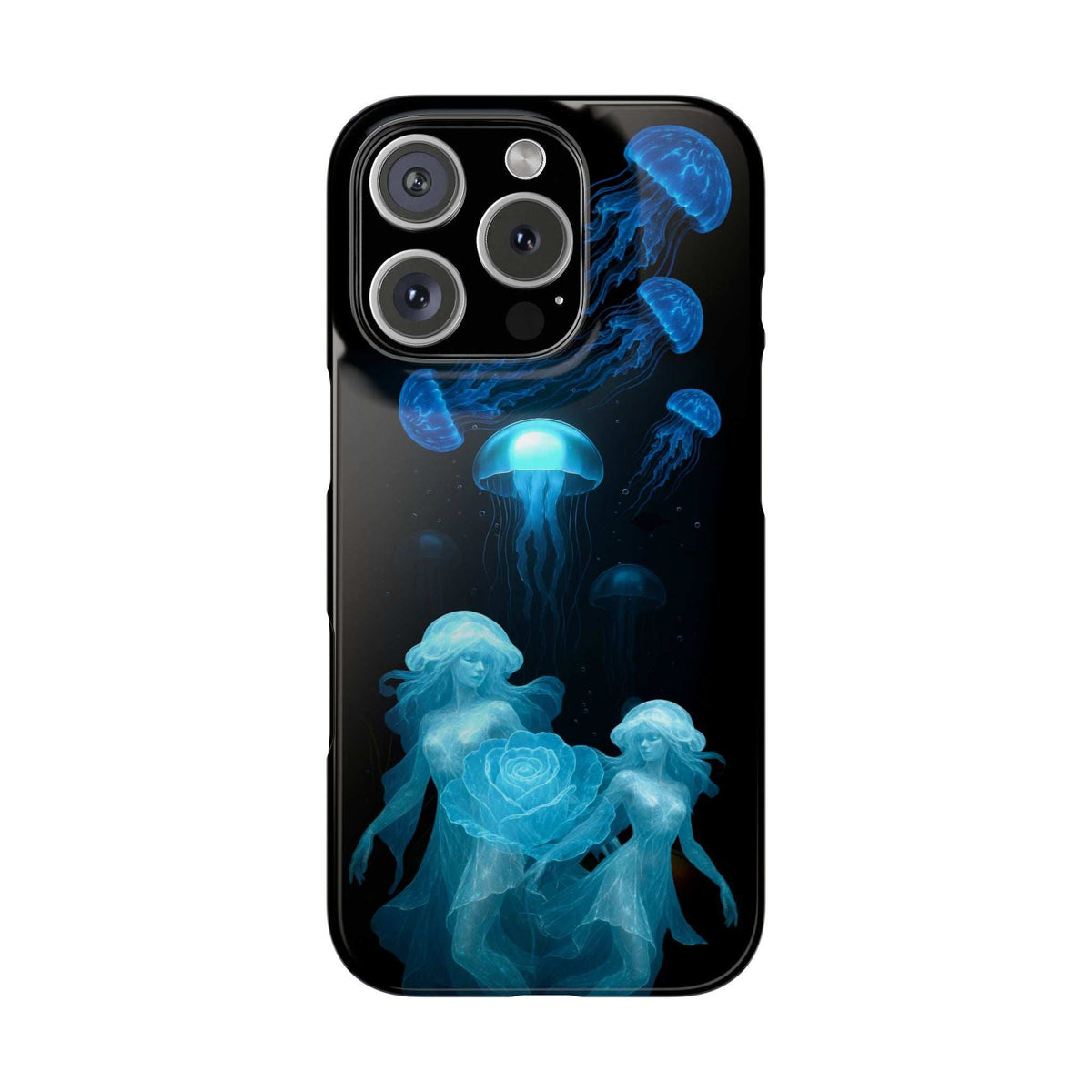 Black phone case featuring blue jellyfish silhouettes and a glowing rose graphic