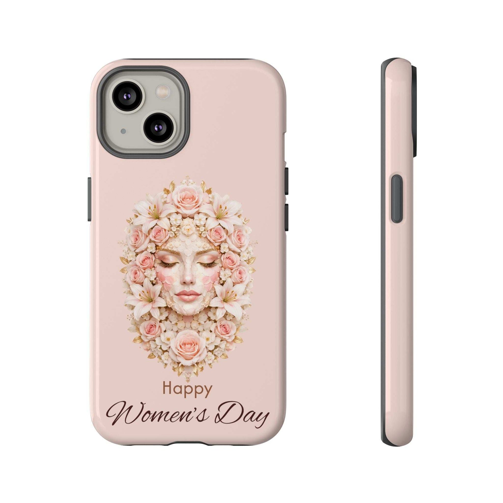 Pink phone case with floral woman illustration and “Happy Women’s Day” text; rear and side.