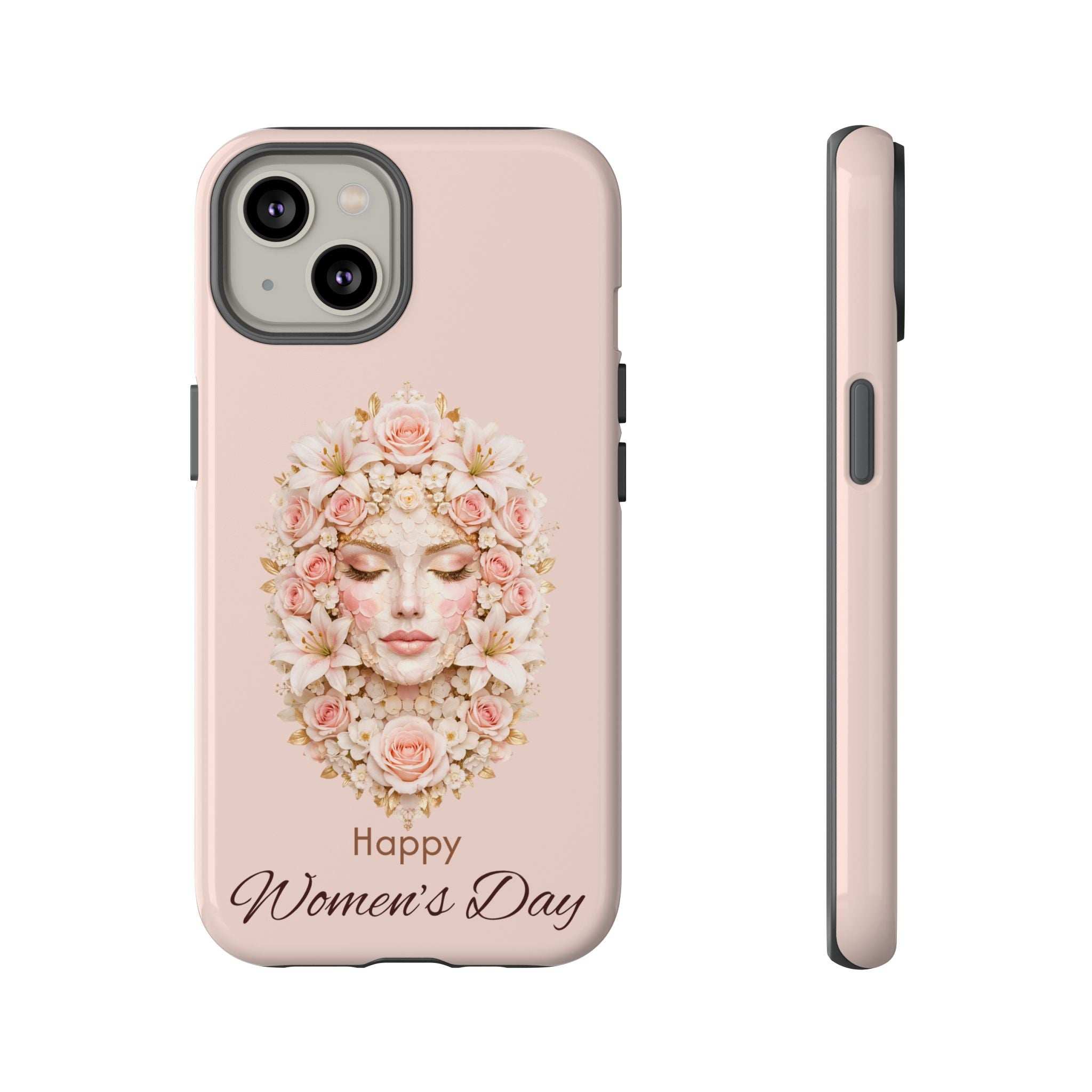Pink phone case with floral woman illustration and “Happy Women’s Day” text; rear and side.