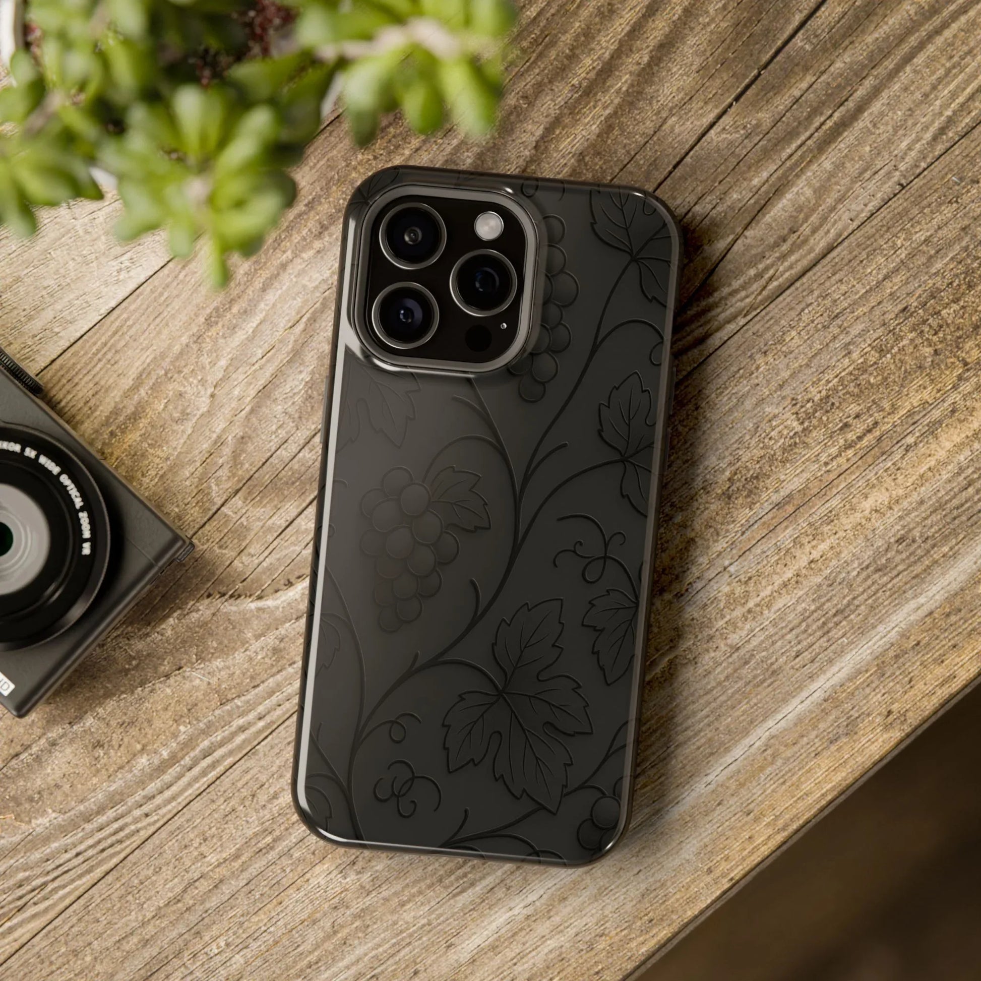 Elegant Embossed Grape Leaf Black Phone Case for iPhone and Galaxy - KARARMDESIGN
