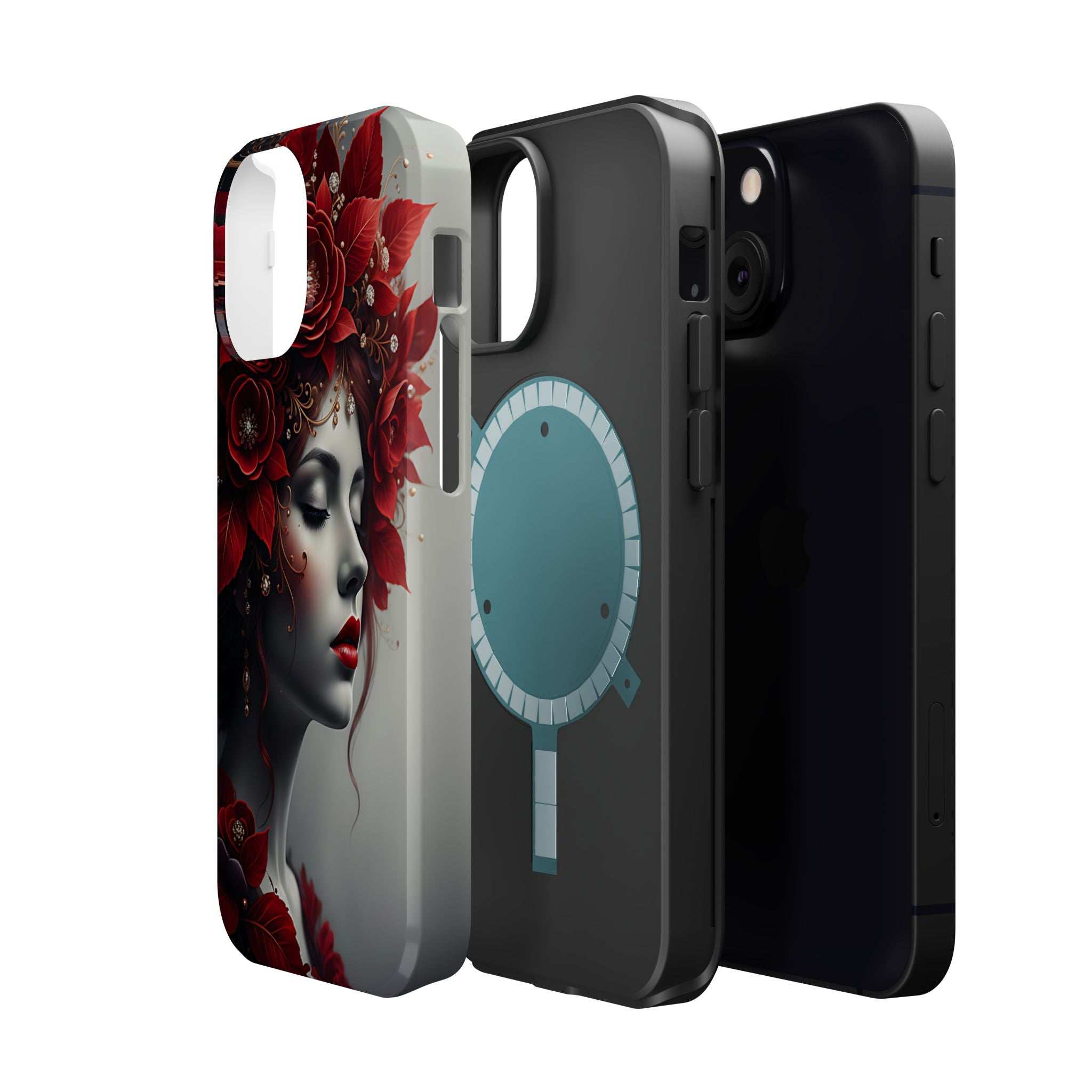 Portrait phone case with red floral woman art and blue pendant, back camera cutouts