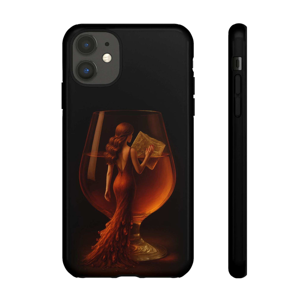 Midnight lady phone case, glossy black back with lady holding fan cards and side profile