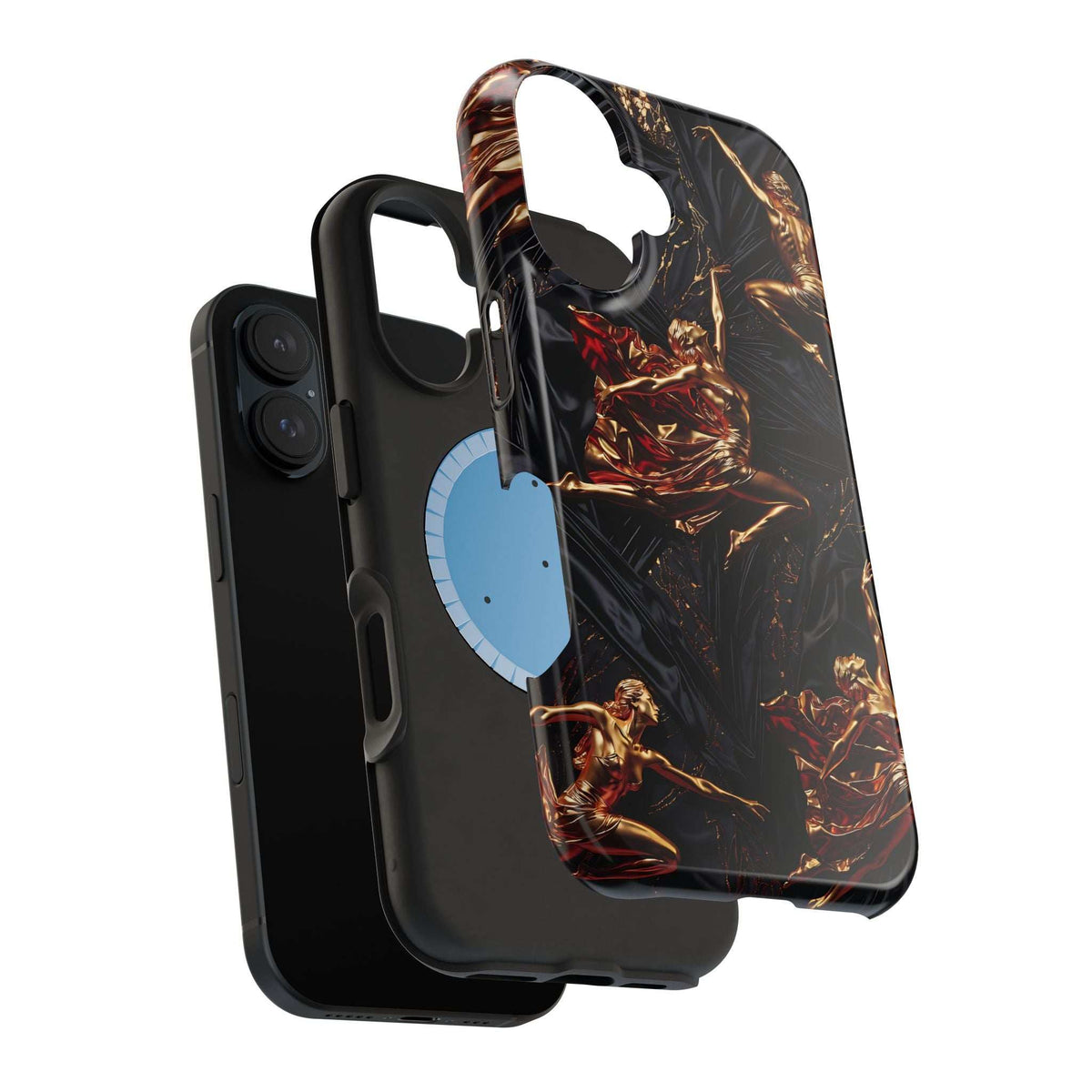 Black phone case with gold sculpture artwork, side port area and camera cutout