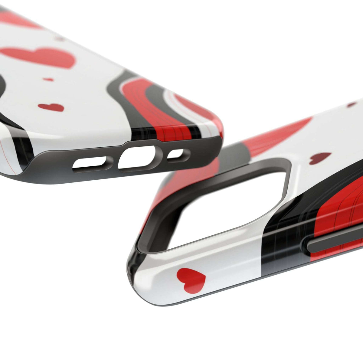 Phone case side profile with button cutouts; red and black swirl hearts on white.