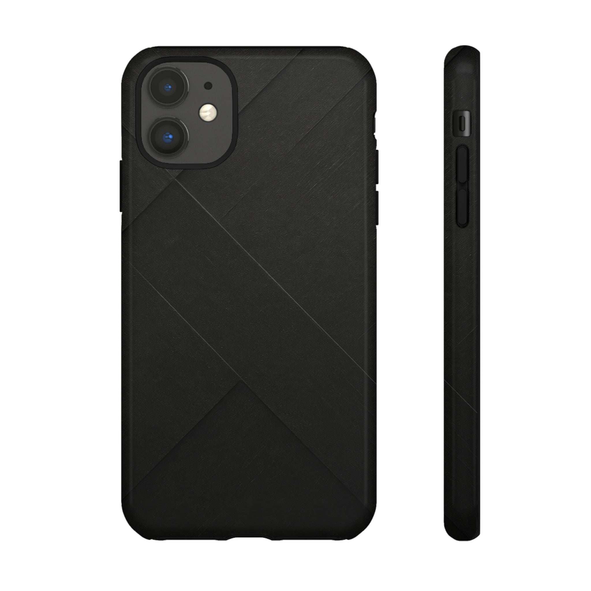 Matte black phone case with diagonal lines; camera openings and protective corners.