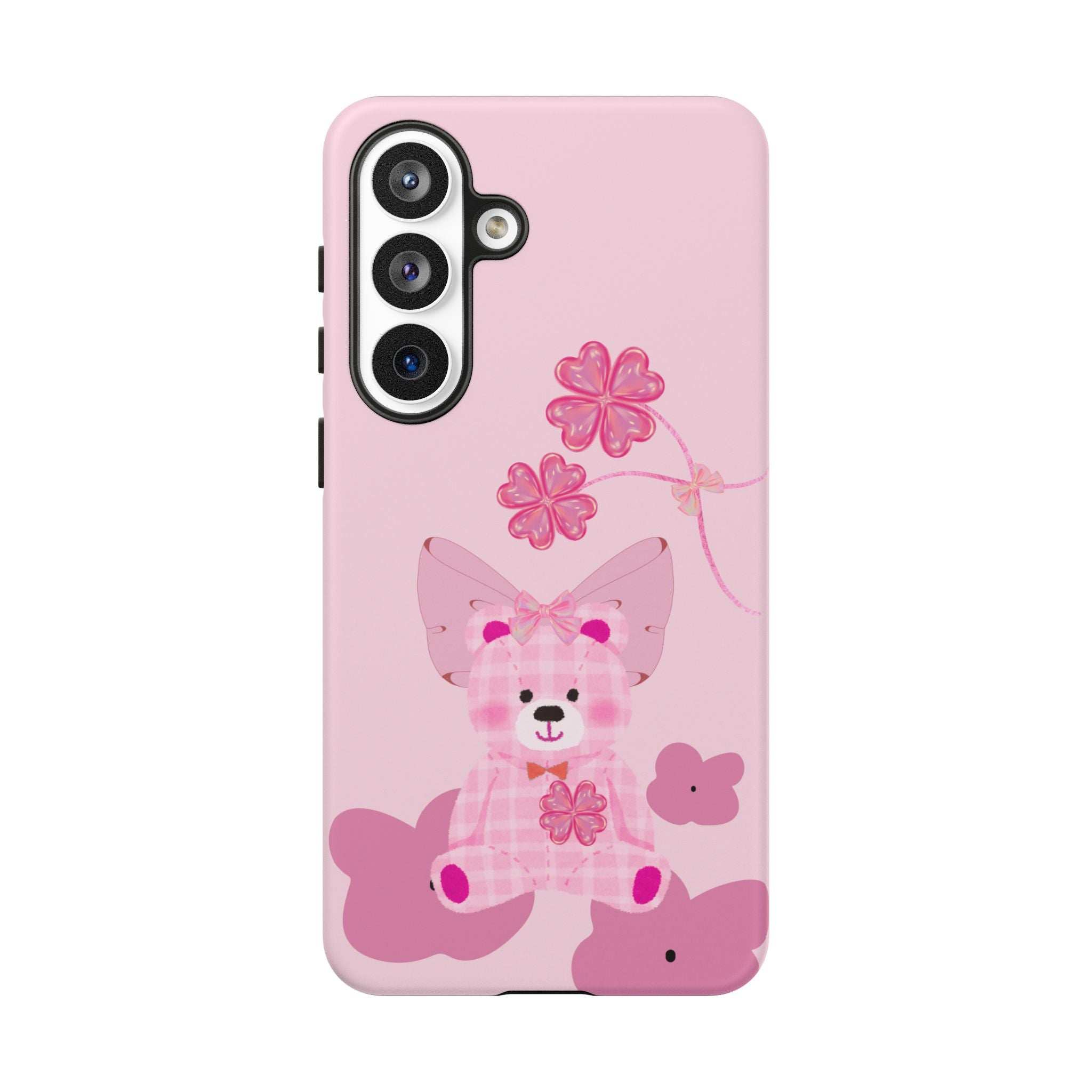 Light pink teddy bear phone case with bow and flower graphics, vertical triple camera