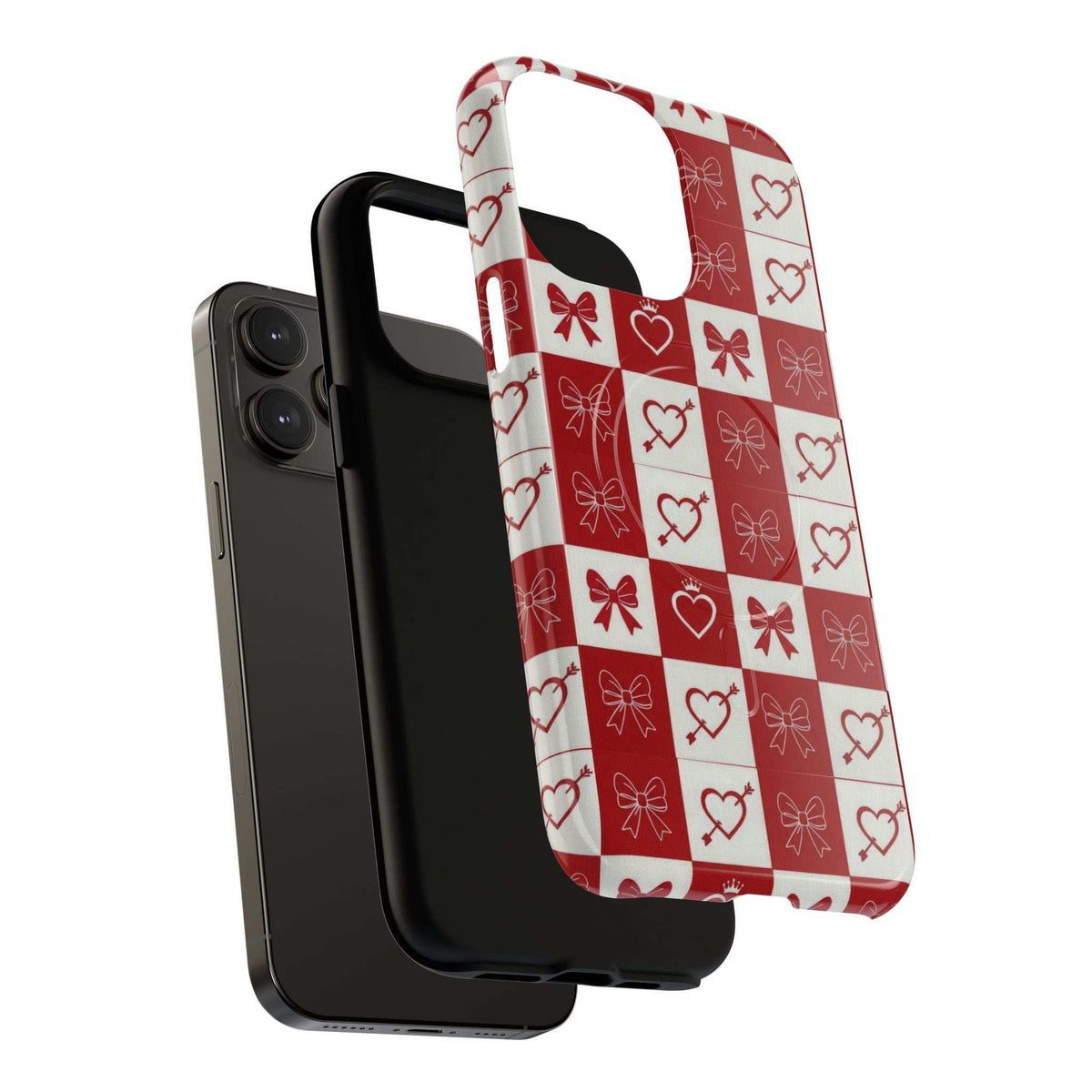 Red-and-white checkered phone case with hearts and bows; snug back cover fit.