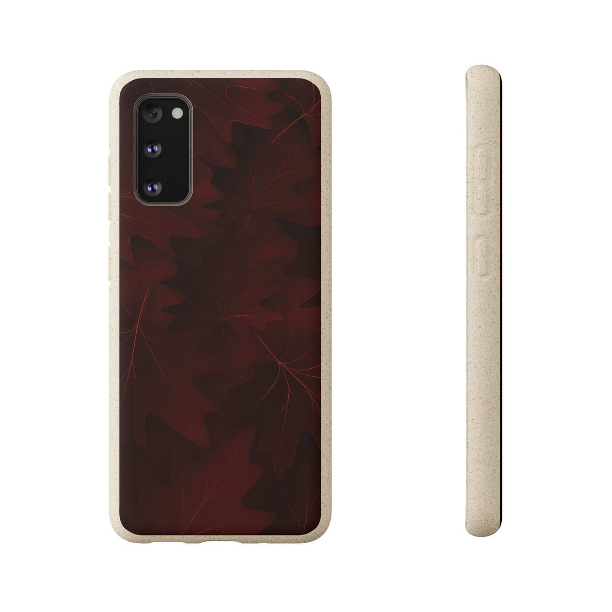 Dark red autumn leaf phone case with cutout corners and textured slim edge; camera opening.