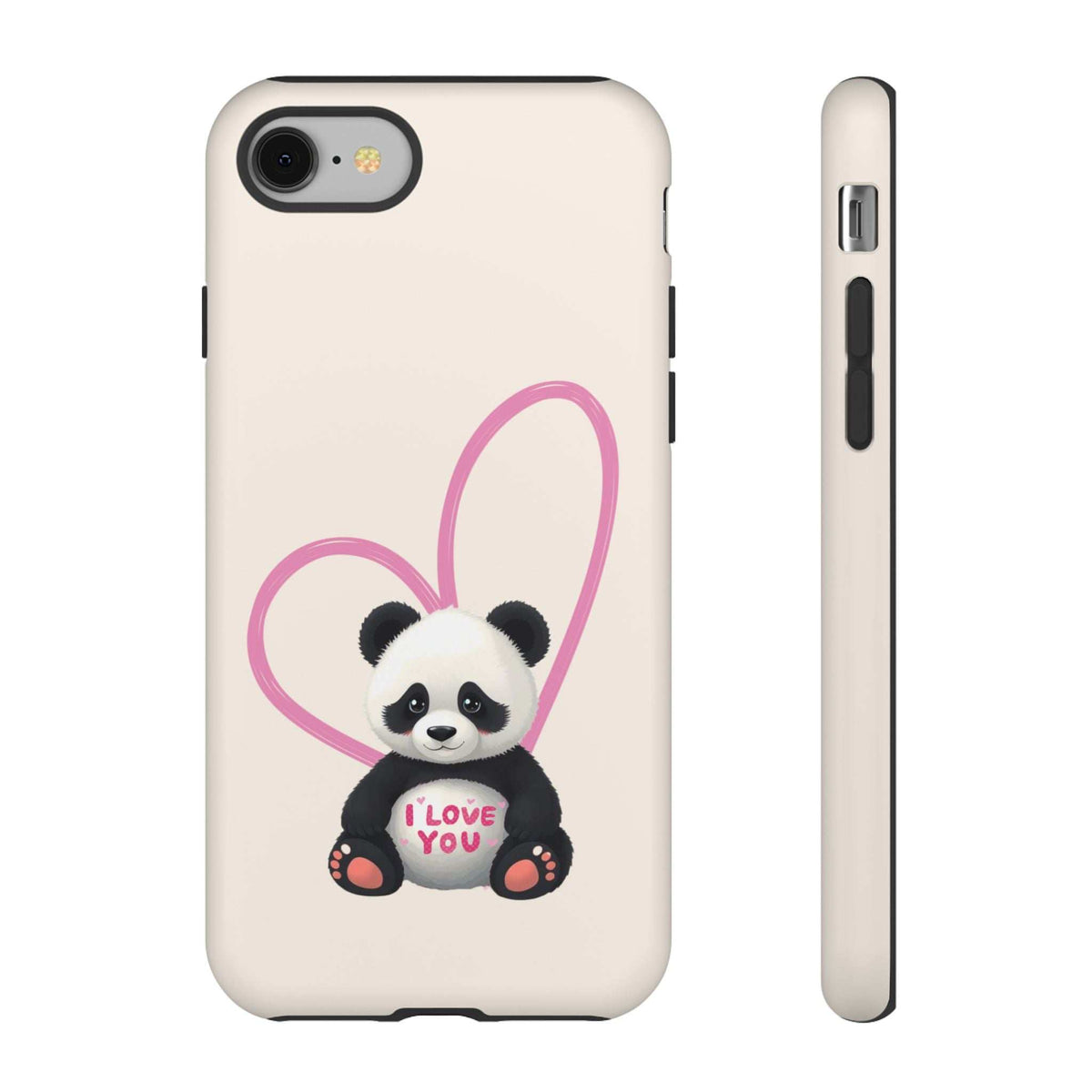 Cute panda heart phone case front view, featuring pink heart outline and “I LOVE YOU”