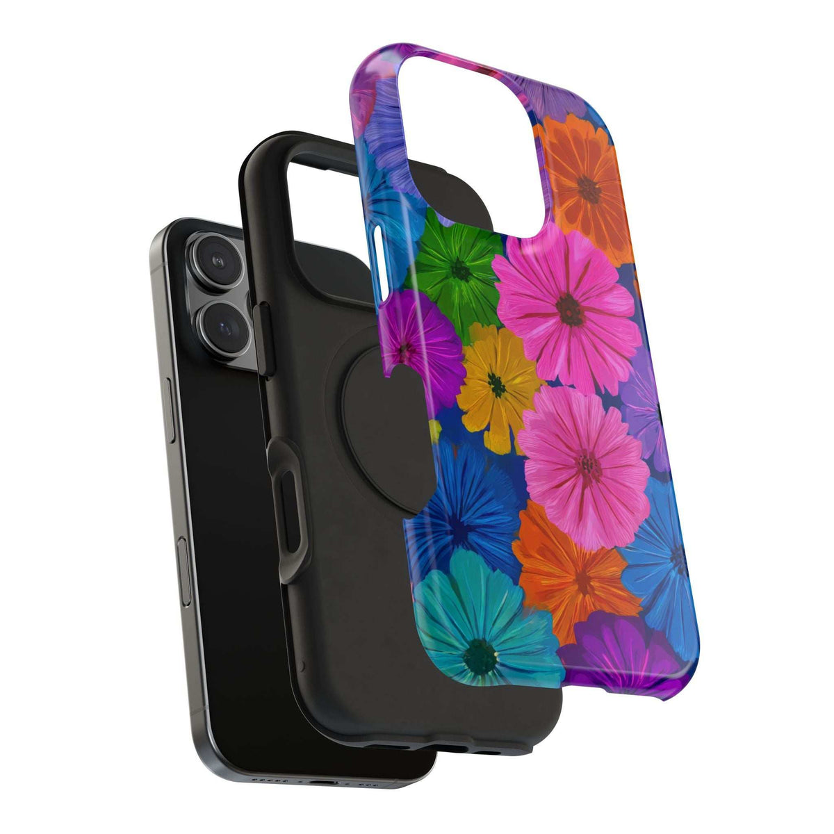 Bloom flower phone case with vibrant petals, clear camera opening, and side buttons