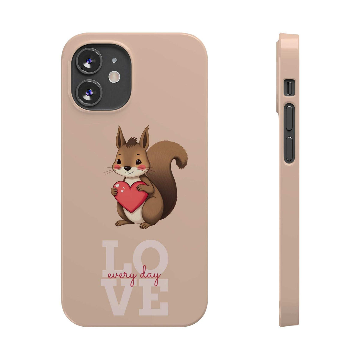 Light pink phone case with cartoon squirrel holding a red heart and LOVE graphic