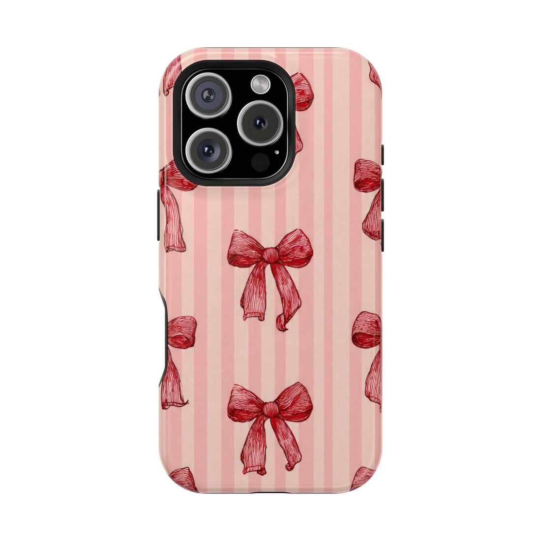 Pink phone case with vertical stripes and red bow pattern; raised camera cutout.