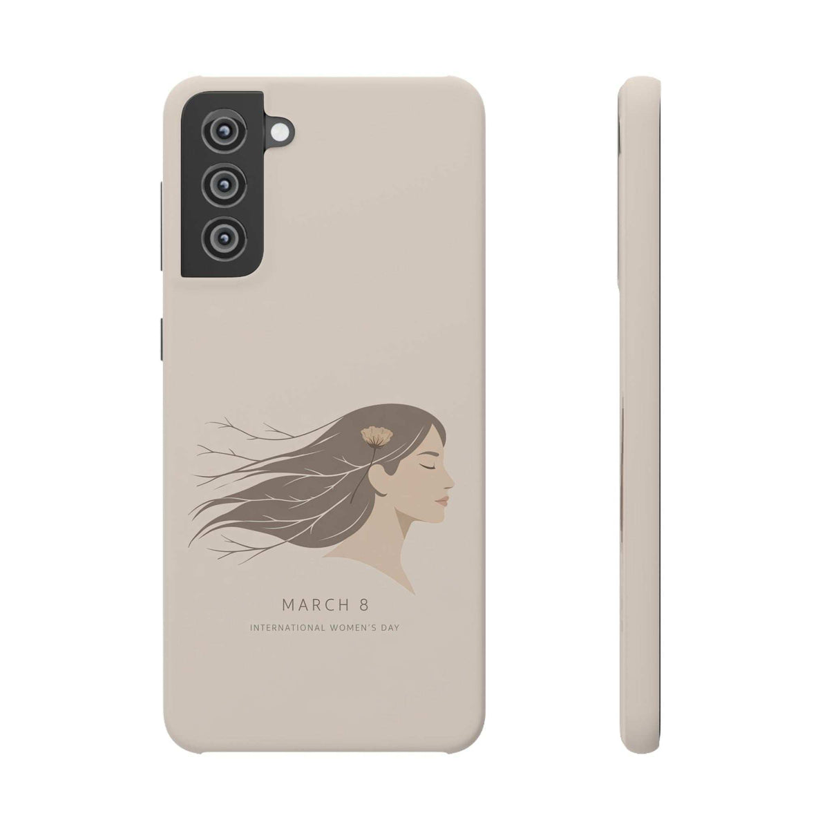 Light beige phone case with World Women's Day profile graphic and camera cutouts