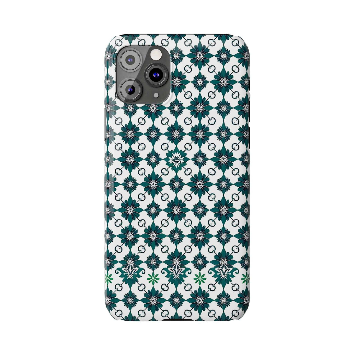 Phone case showing camera openings on a white base with teal-green geometric floral print.