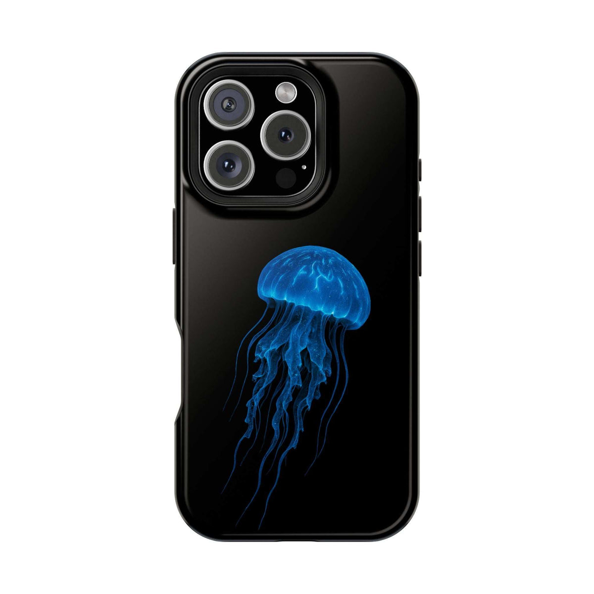 Glossy black phone case with blue jellyfish design, showing front camera openings