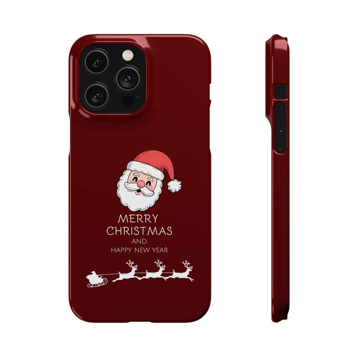 Glossy maroon phone case with Santa, Merry Christmas and Happy New Year; slim side profile with cutout.