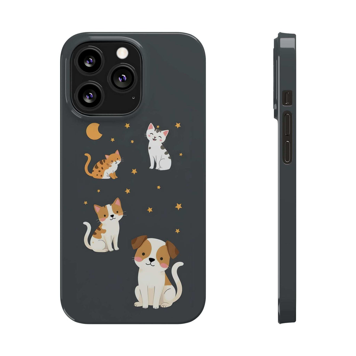 Phone case front and side: dark cats and dogs with stars and moon; camera and side cutouts