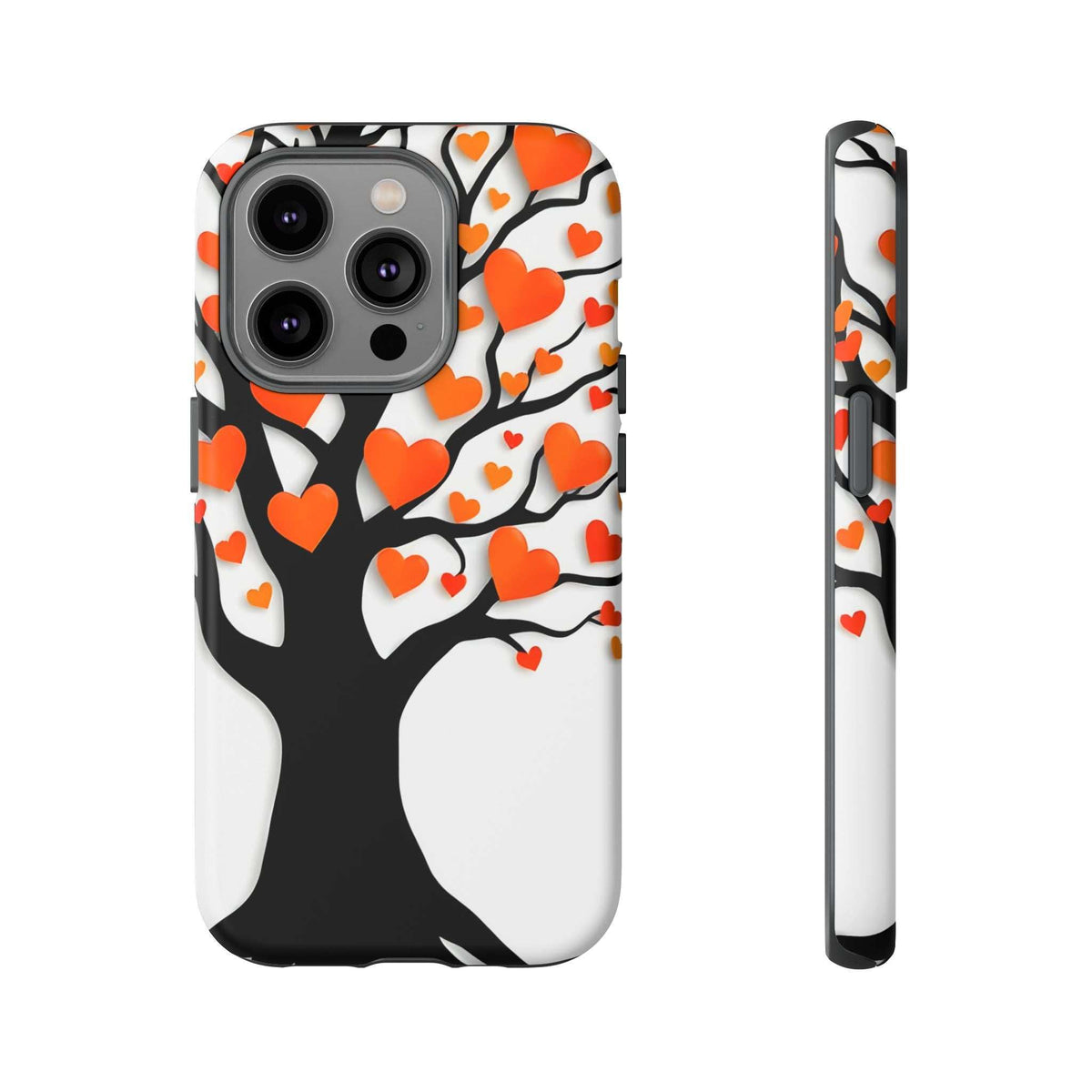 Phone case with heart tree artwork and orange hearts; multi-lens camera cutout