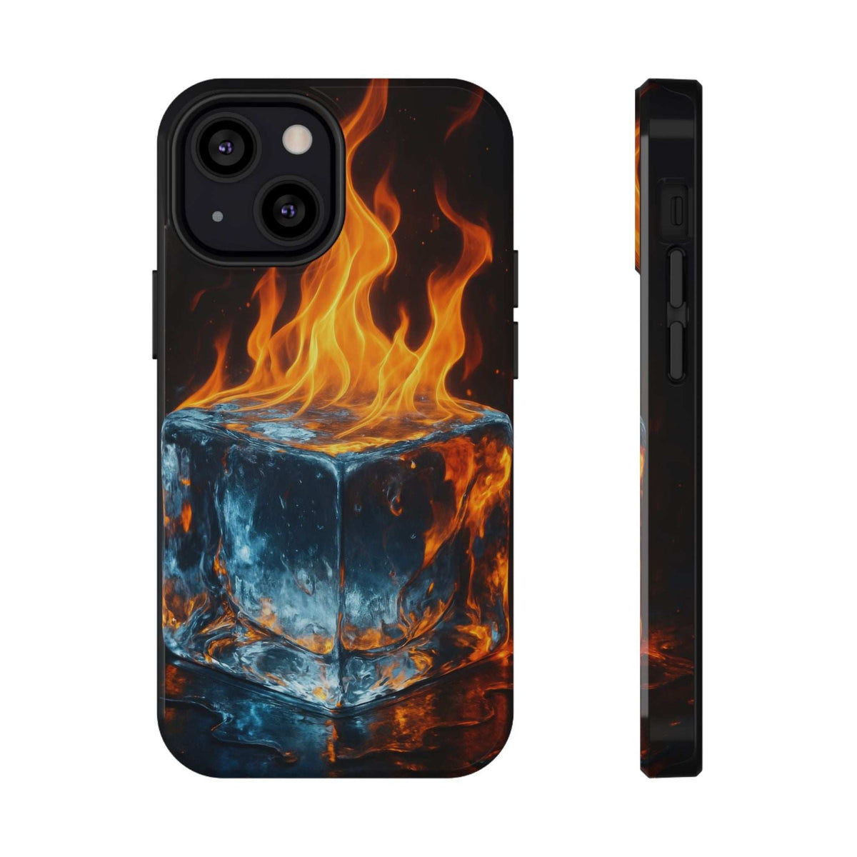 Phone case with glossy black flame-and-ice cube design; side profile shows port openings.