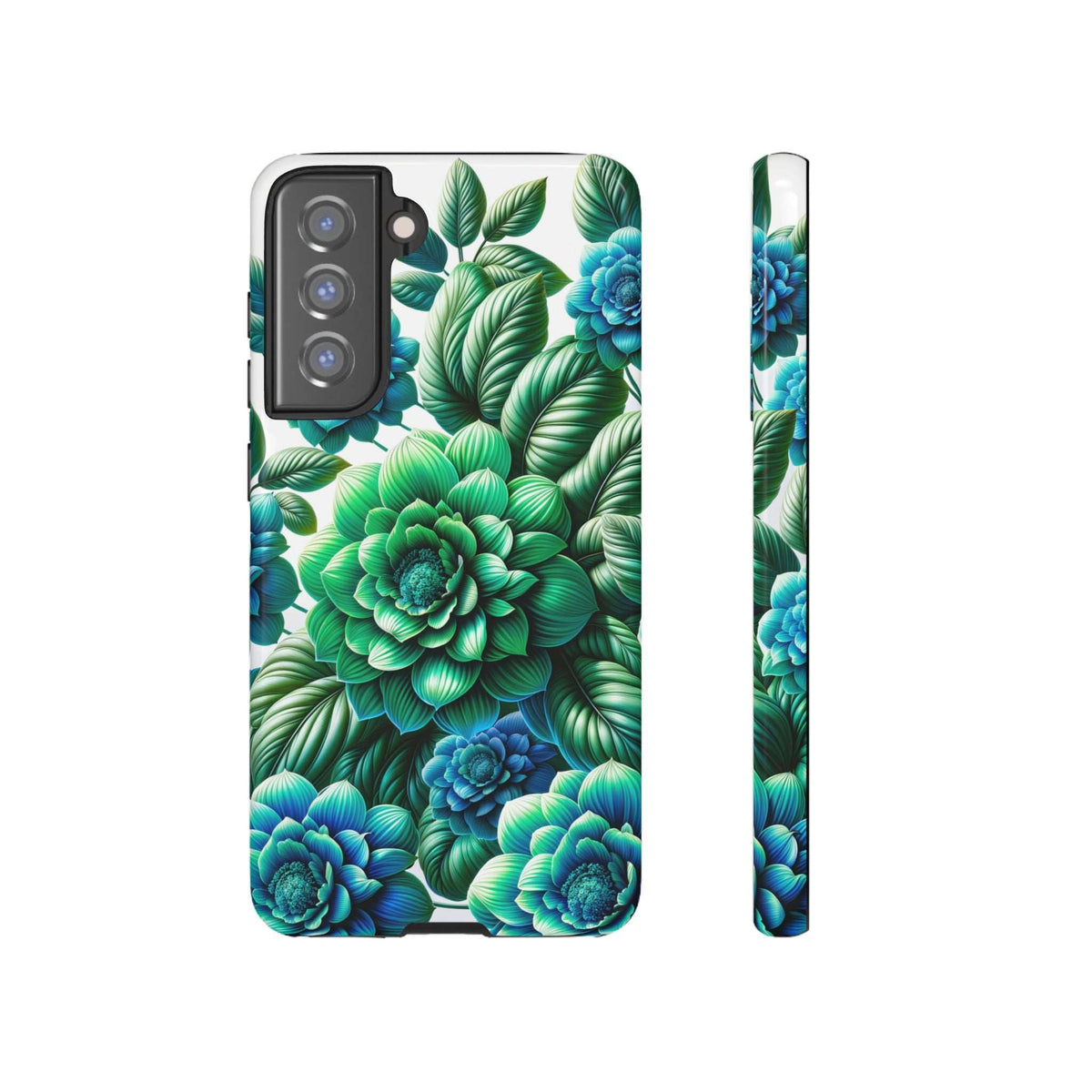 Green and blue floral phone case with tropical leaves, back view with raised camera area