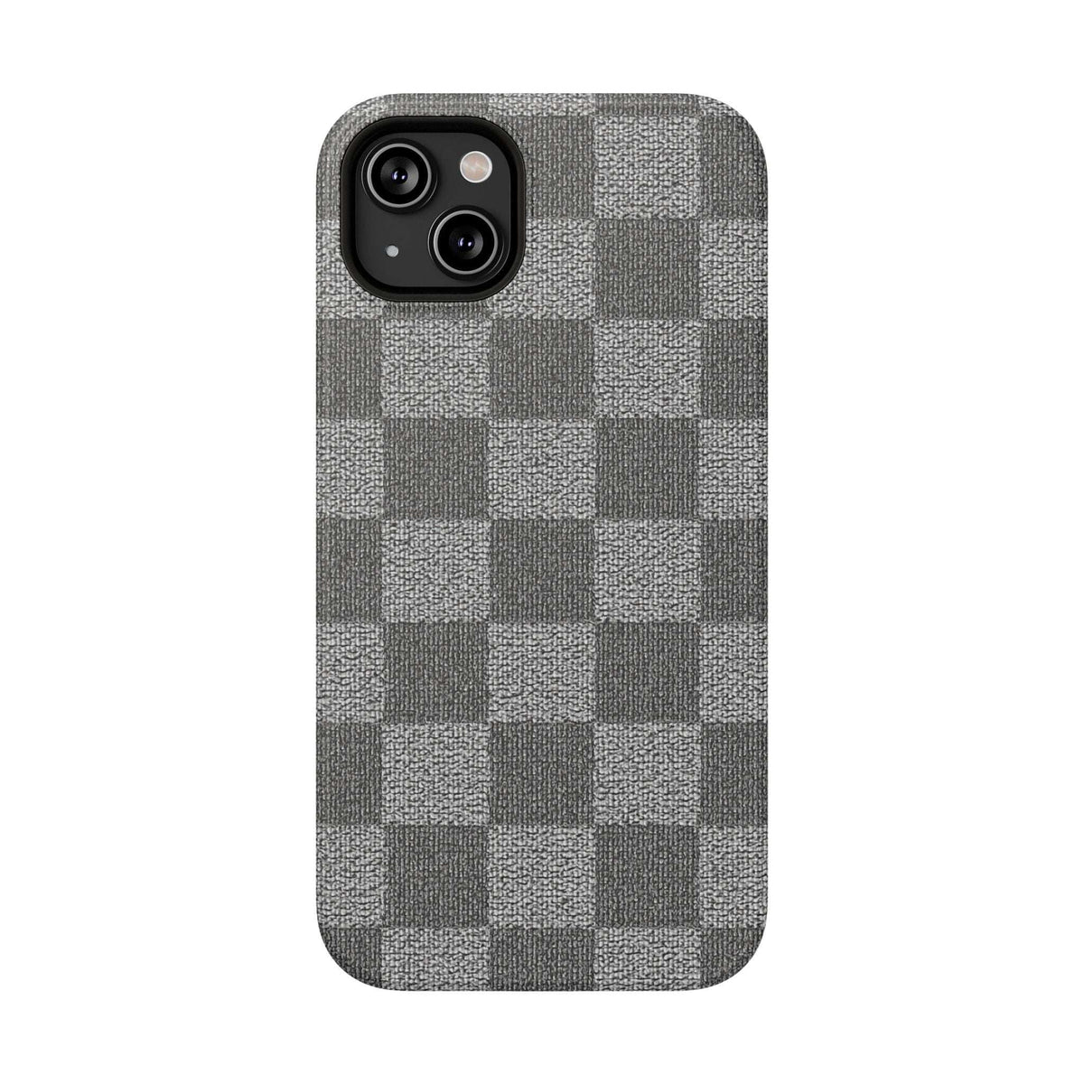 Gray checkered phone case with fabric texture; dual camera openings on back panel