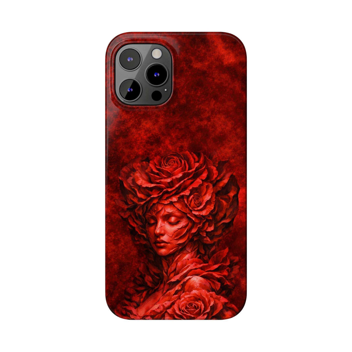 Slim phone case with red rose-girl artwork and multiple camera cutouts
