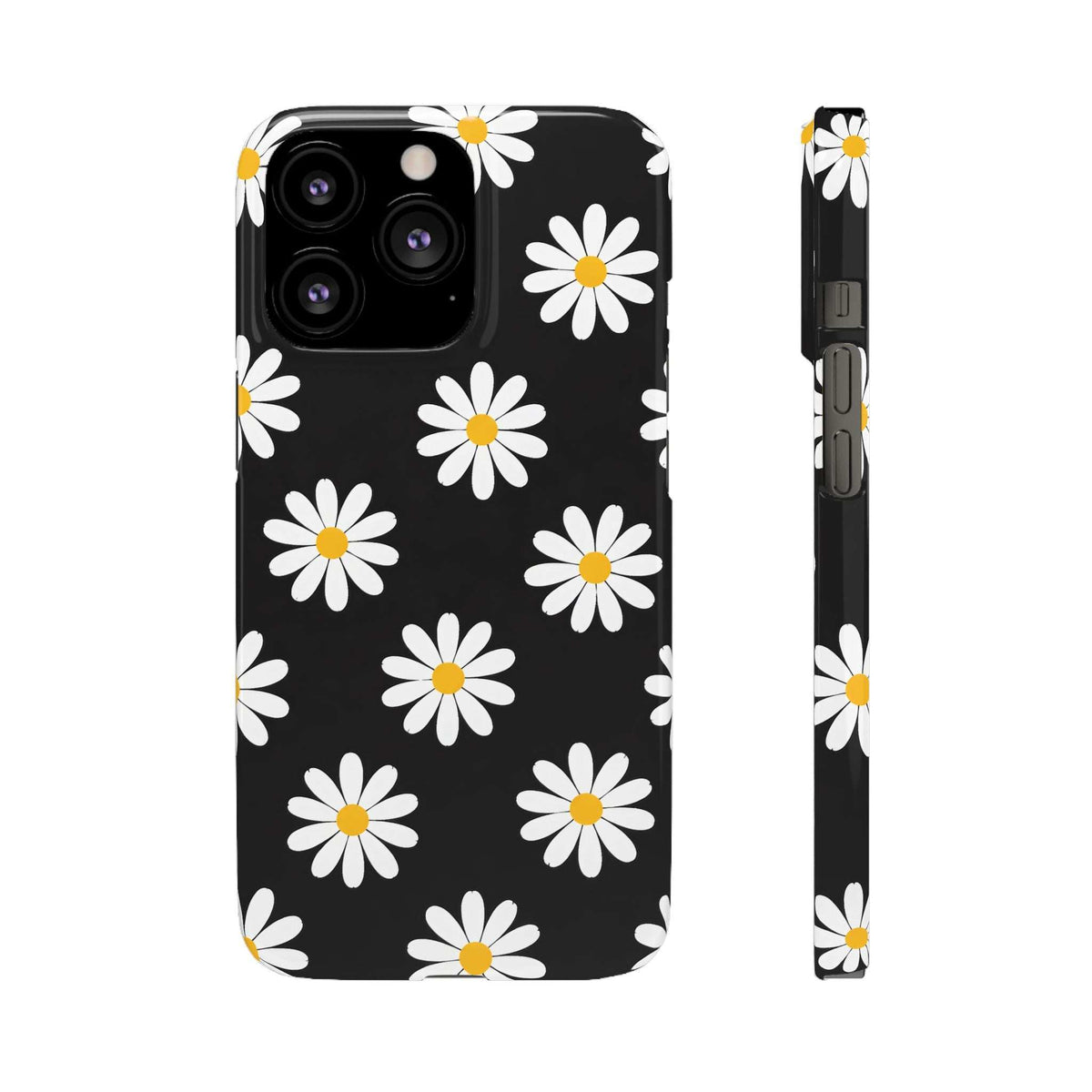 Black phone case front and side view with white daisy pattern and yellow centers, buttons visible.