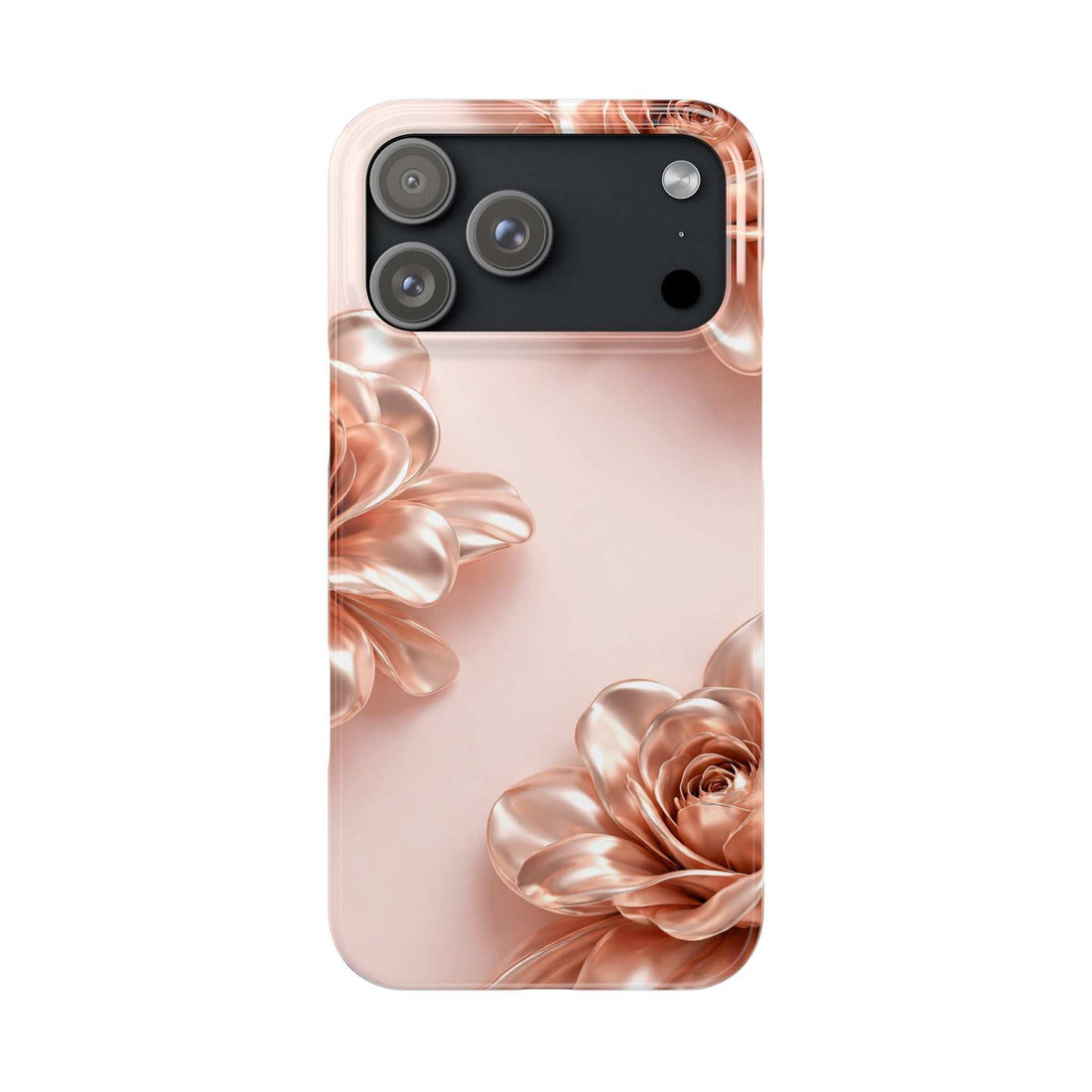 Blush phone case with metallic flower and ribbon design, camera cutouts