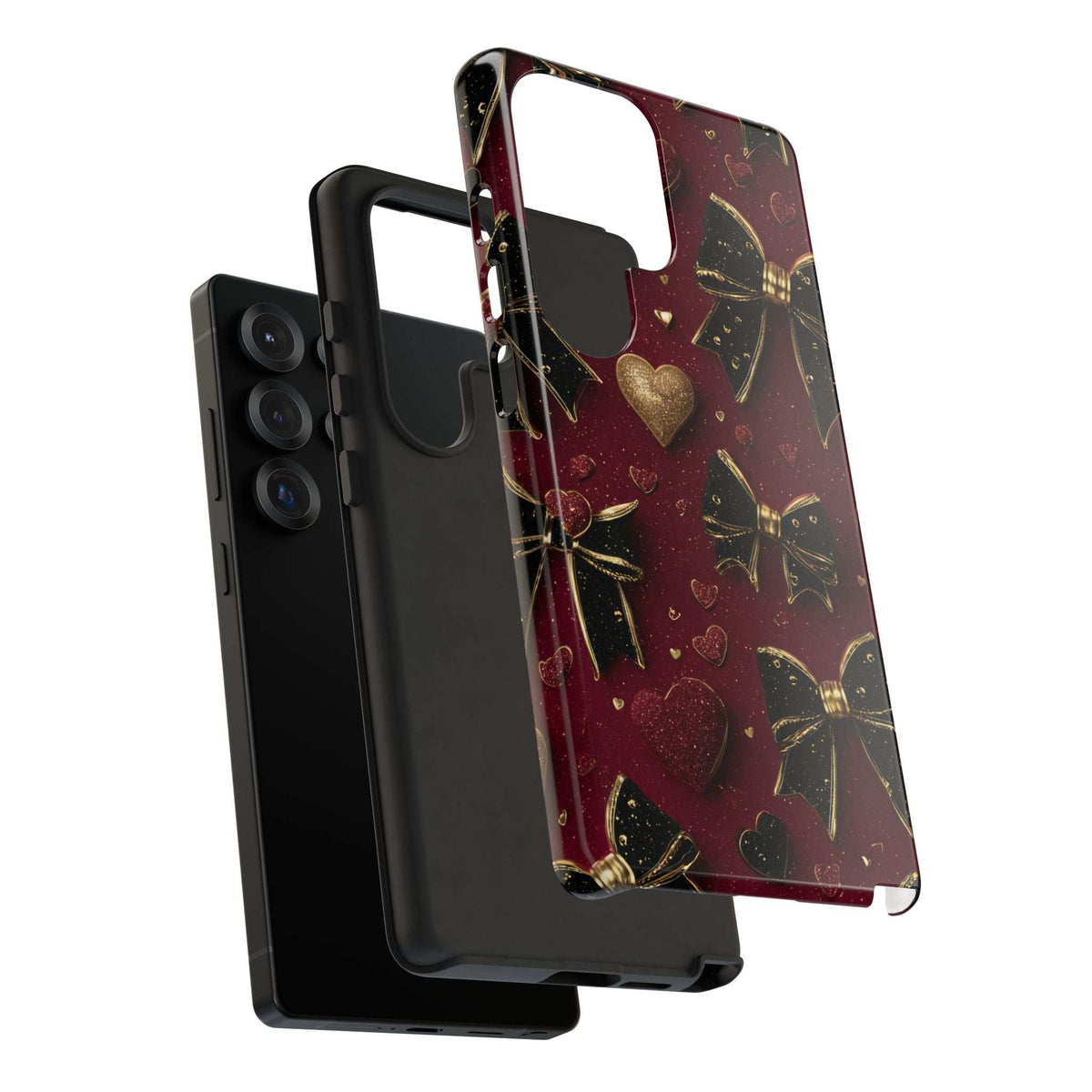 Glossy burgundy charm phone case with gold heart and key pattern, slim protective fit