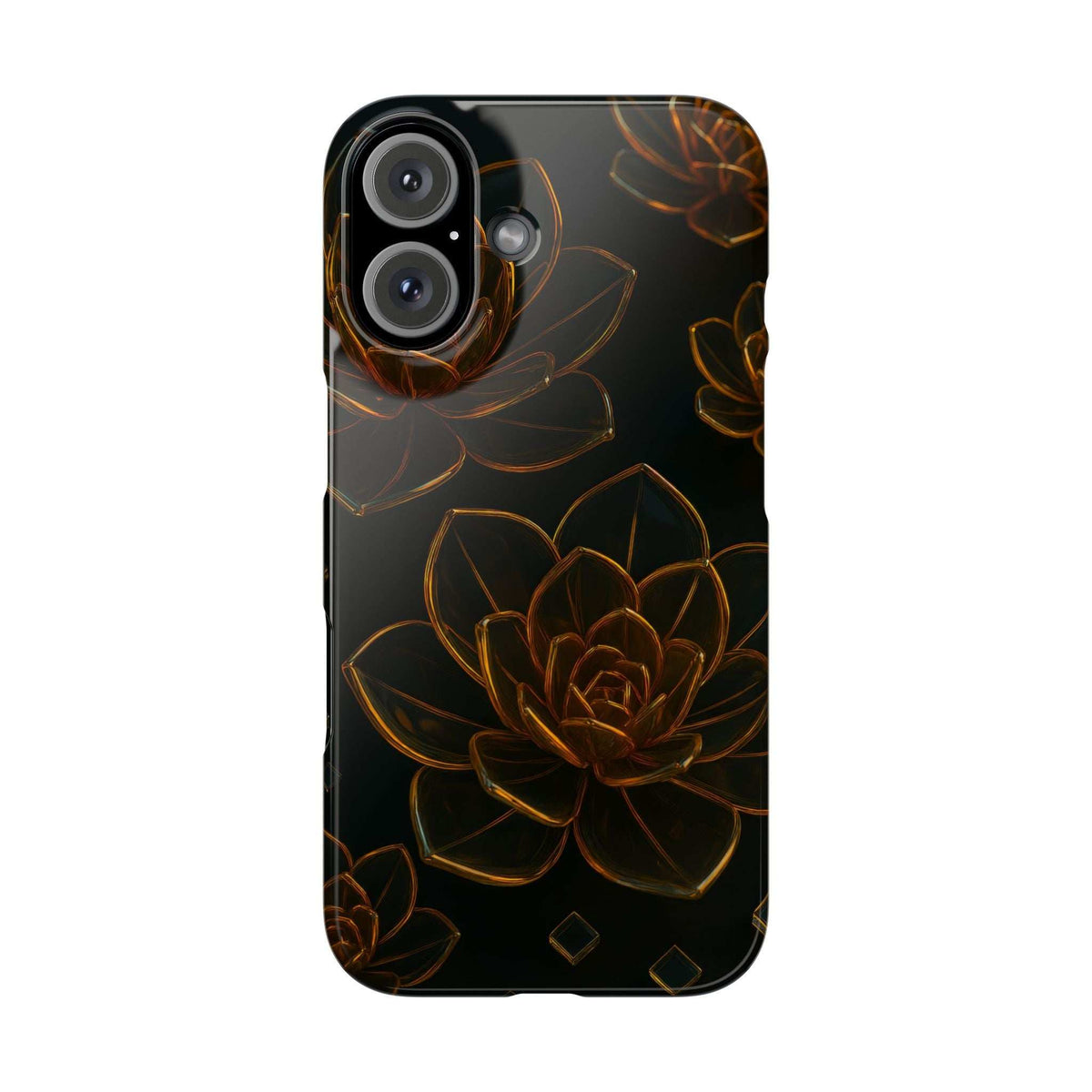 Glossy black glass phone case with gold-brown flower pattern and camera cutouts