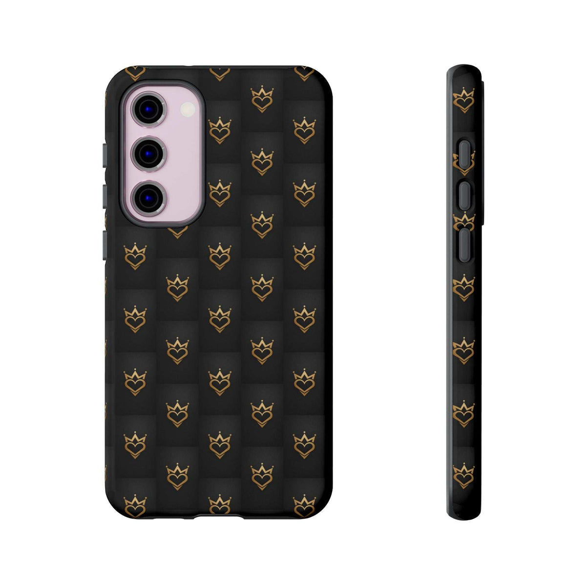 Glossy dark phone case with gold crown heart doodle pattern, front camera and side profile