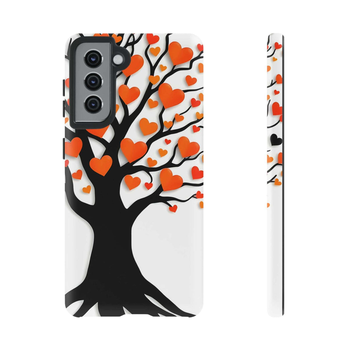Heart tree phone case with orange and red hearts on white; side profile shows raised edges