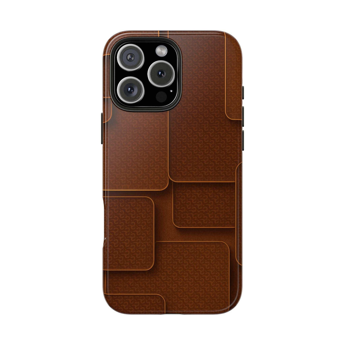 Textured brown phone case with raised patch embossing and camera opening