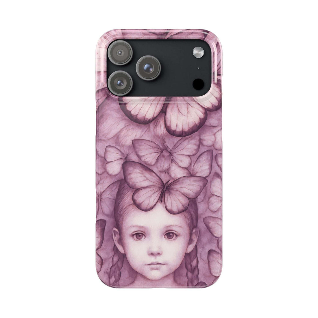Purple butterfly girl phone case back view with camera and flash cutouts