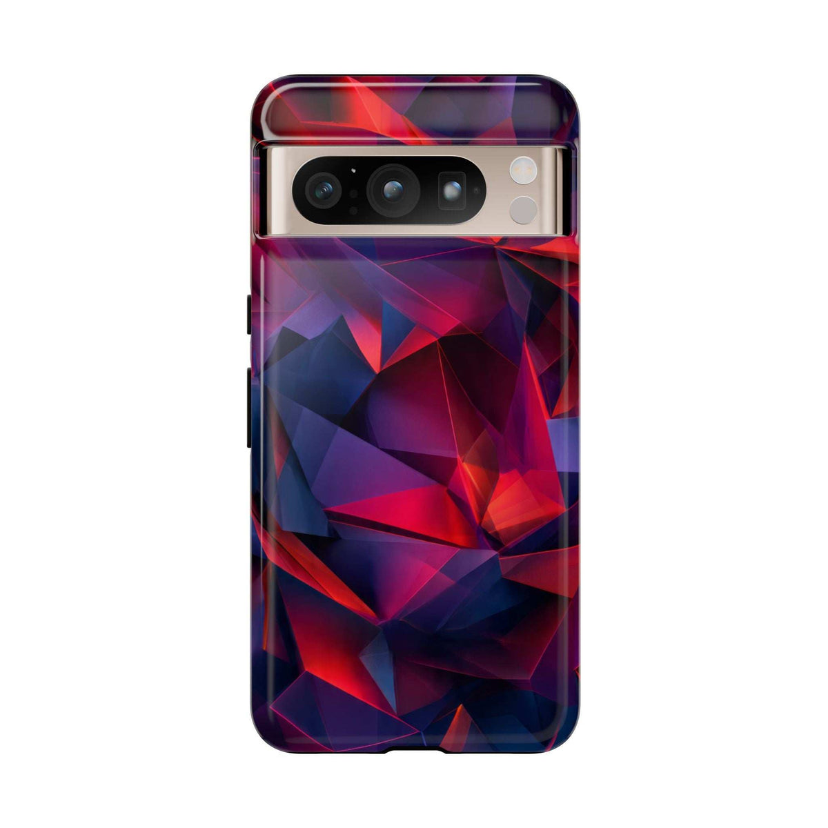 Glossy phone case with red, blue, and purple geometric prism pattern and camera cutout