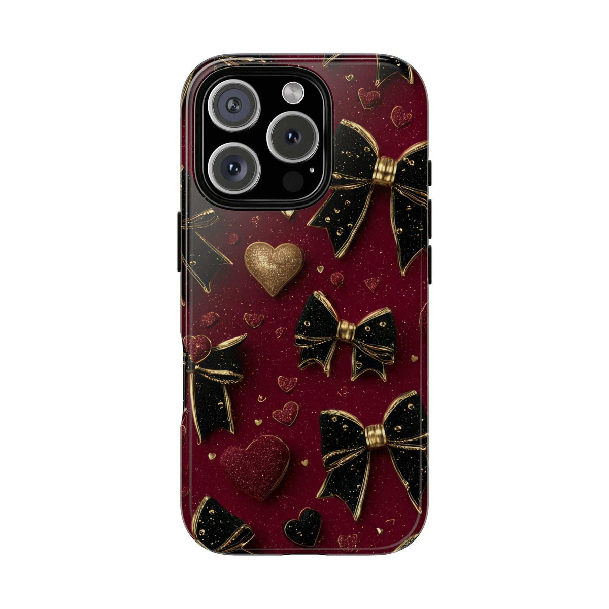Velvet phone case with burgundy glitter hearts and gold bows; rear camera openings.