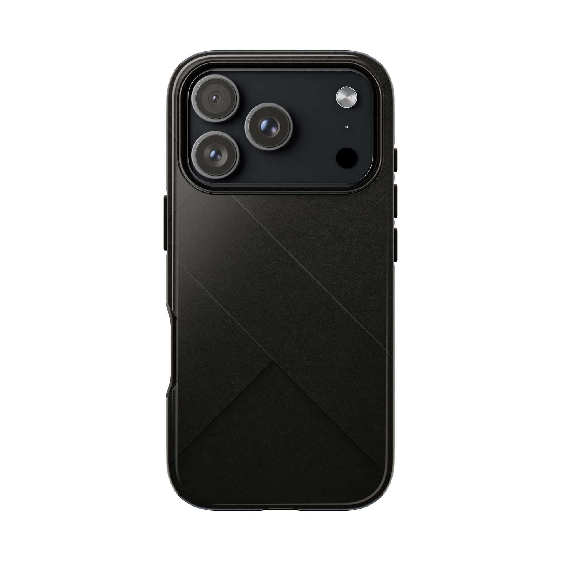 Matte black phone case with diagonal line pattern and triple camera cutouts