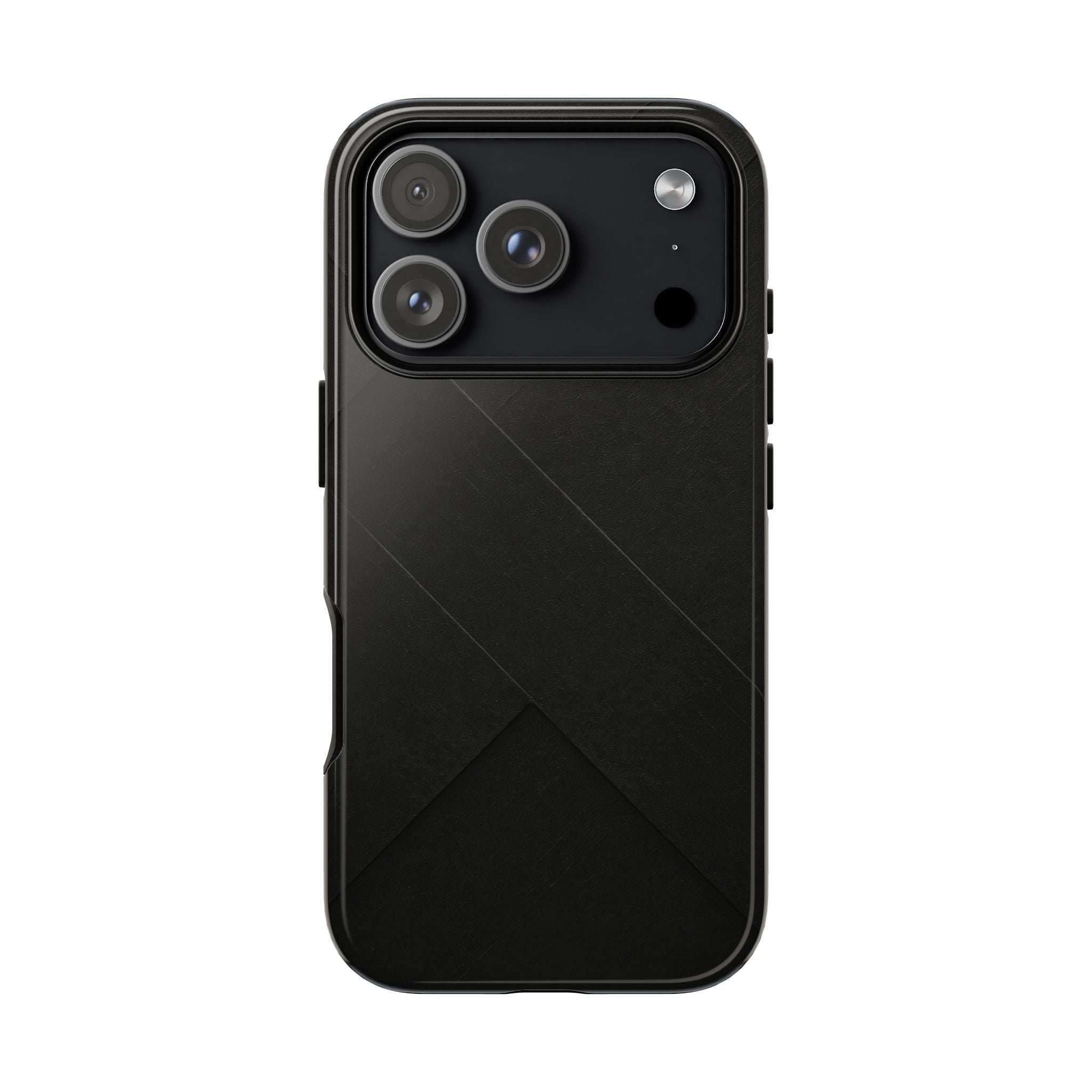 Matte black phone case with diagonal line pattern and triple camera cutouts