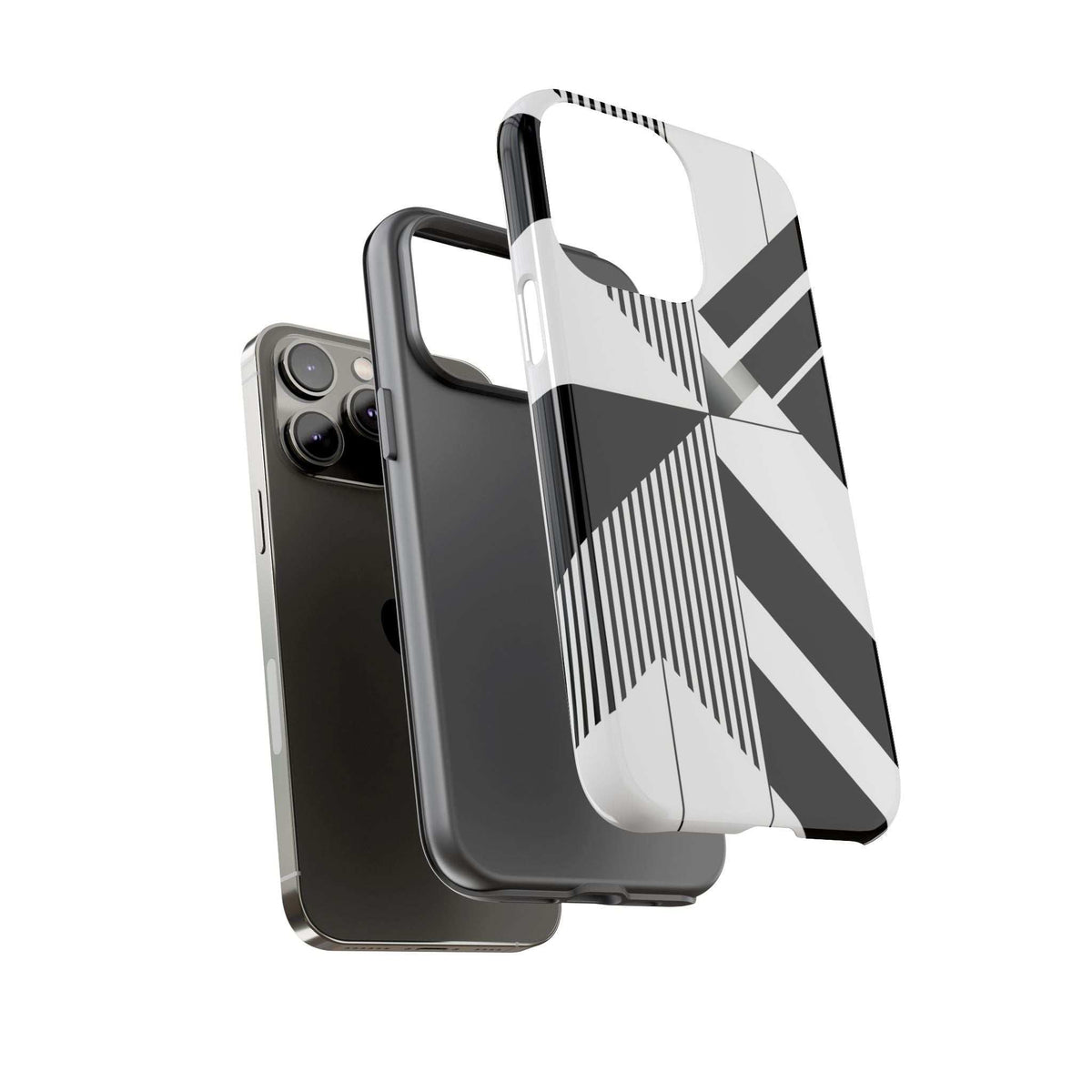 Monochrome tough phone case with black-and-white geometric stripe pattern, raised camera cutout