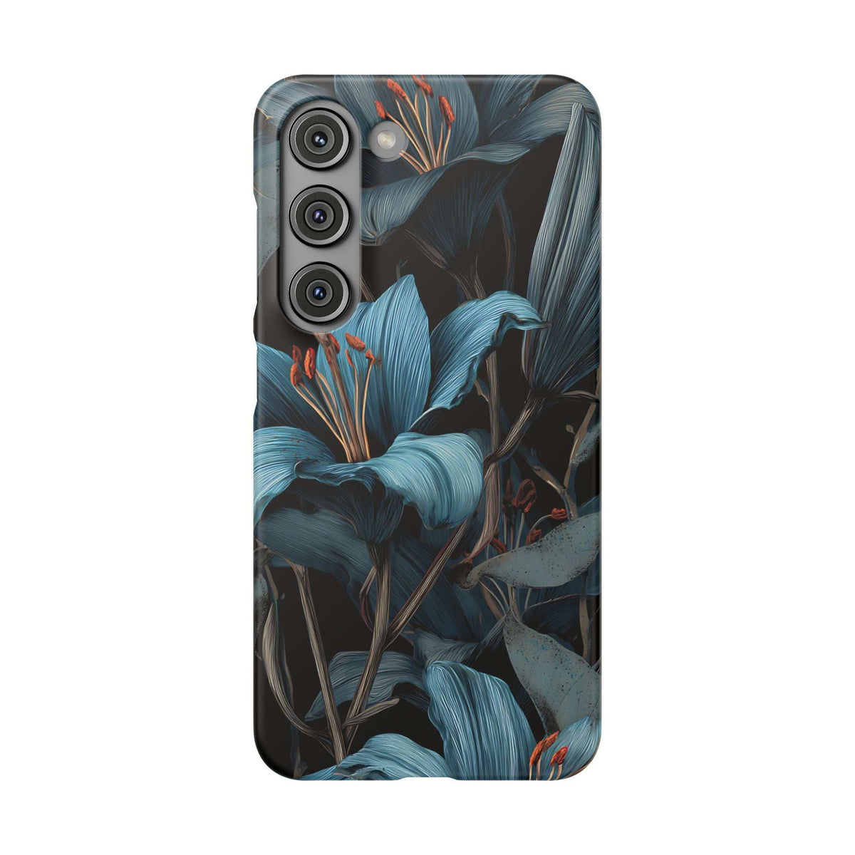 Phone case with blue botanical floral pattern, three camera cutouts, layered leaf illustration