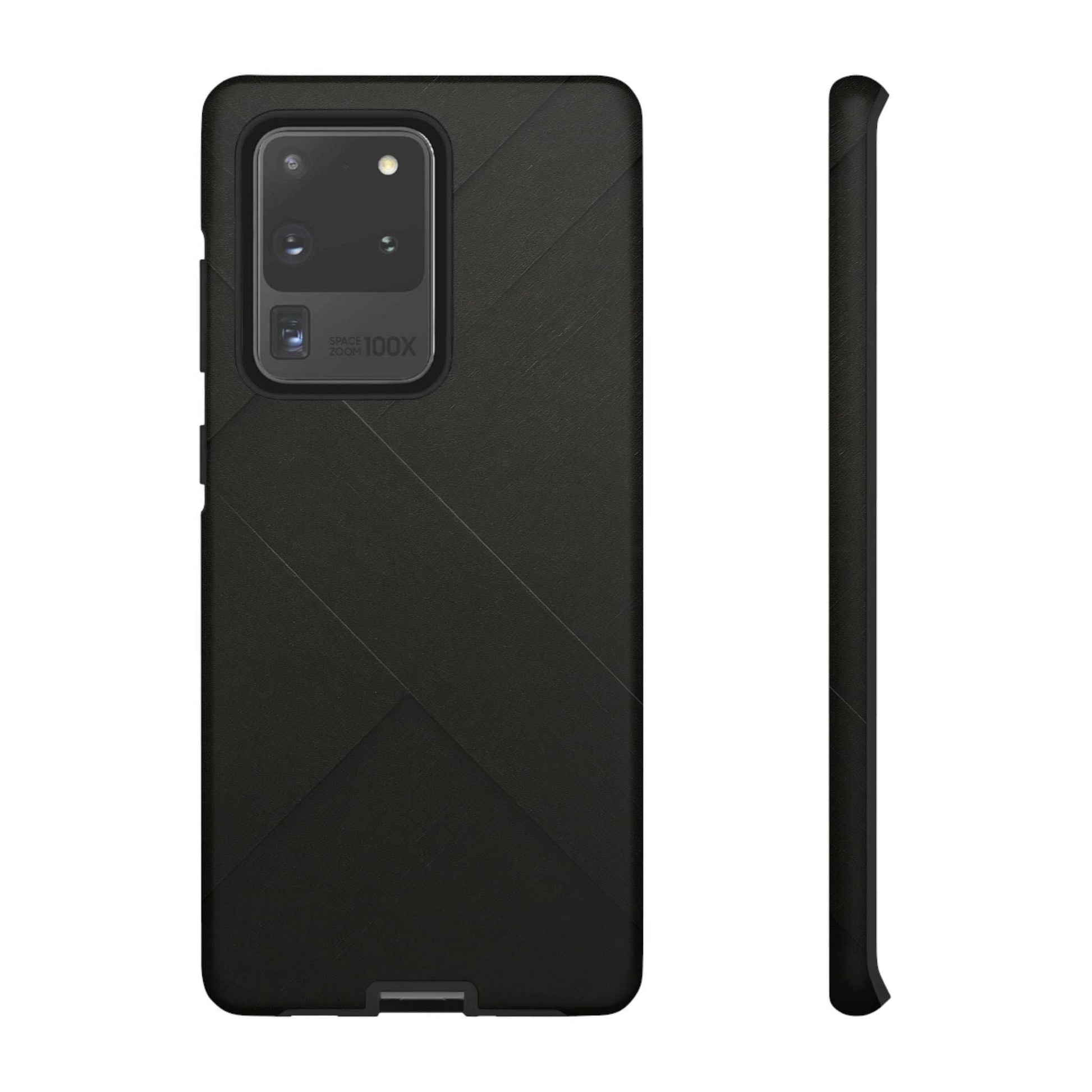 Matte black phone case with diagonal line design and camera lens cutout